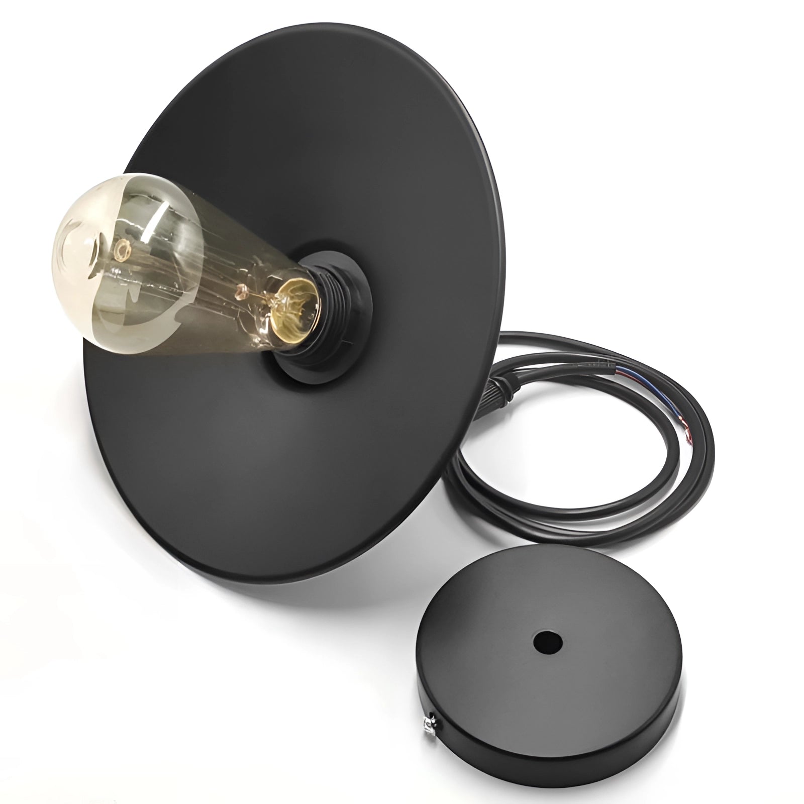 Vintage black Edison bulb pendant light with an industrial metallic dome featuring a circular metal design.