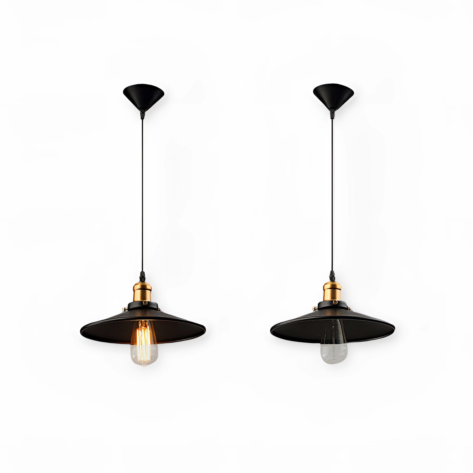 Vintage black Edison bulb pendant light with an industrial metallic dome, hanging from the ceiling, showcasing a sleek and minimalist design.