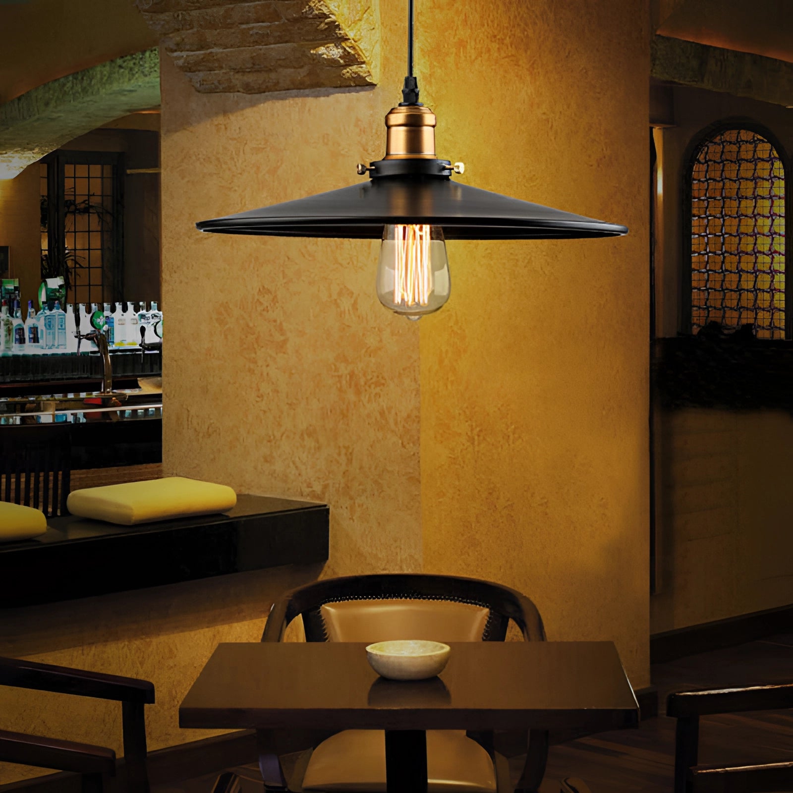 Vintage black Edison bulb pendant light featuring an industrial metallic dome design, measuring 11.8 inches, hanging above a wooden table in a well-designed interior space.
