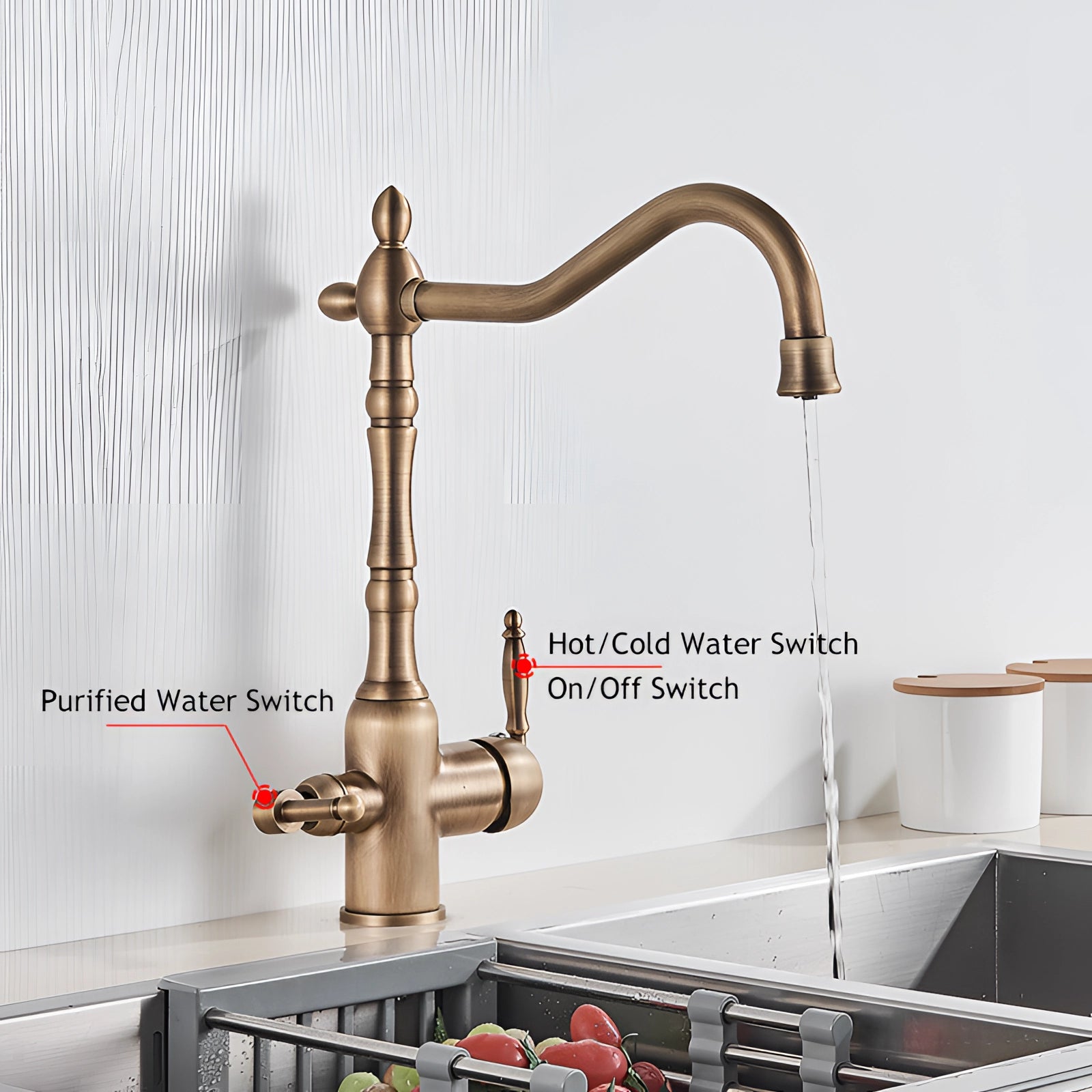 A vintage black gooseneck kitchen faucet with an antique style design installed above a wooden countertop in a modern kitchen setting. The faucet features a sleek, curved design with classic detailing, complementing the overall interior decor.
