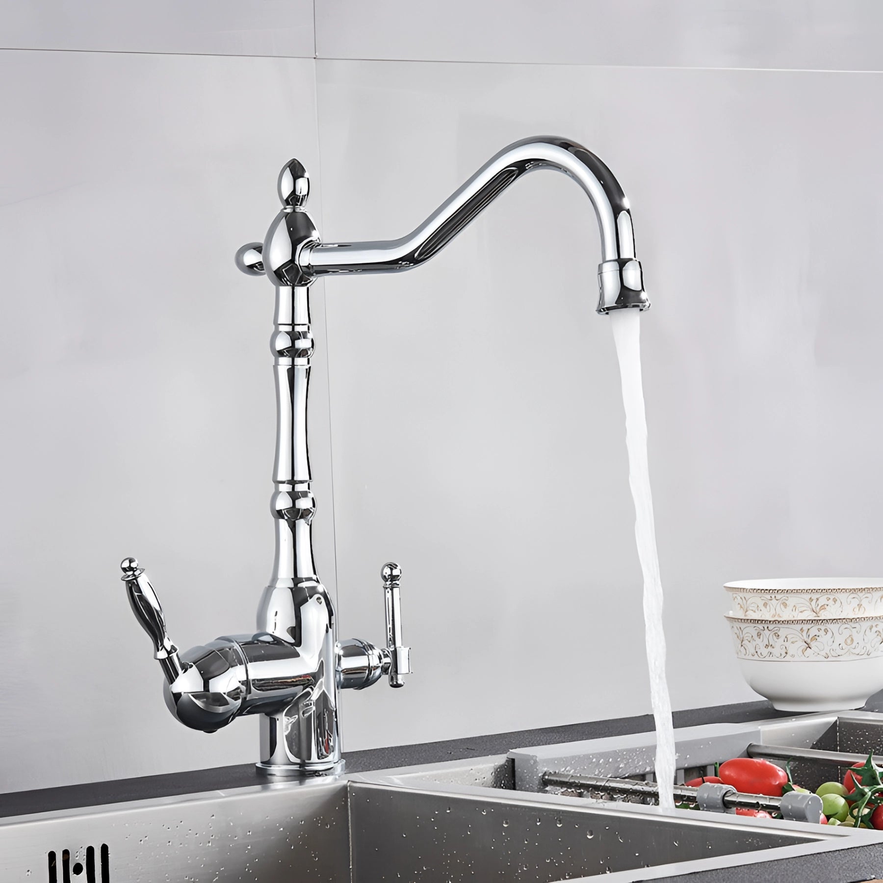 Vintage black gooseneck kitchen faucet with an antique style design, featuring a chromed finish, mounted on a countertop with water flowing from the spout.