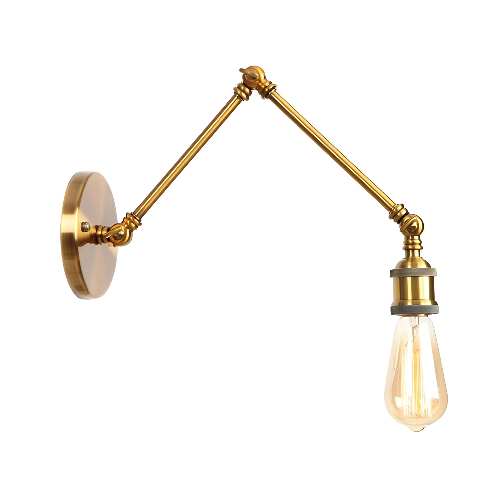Vintage brass wall lamp with an Edison bulb, featuring an adjustable swing arm sconce in a bronze finish.