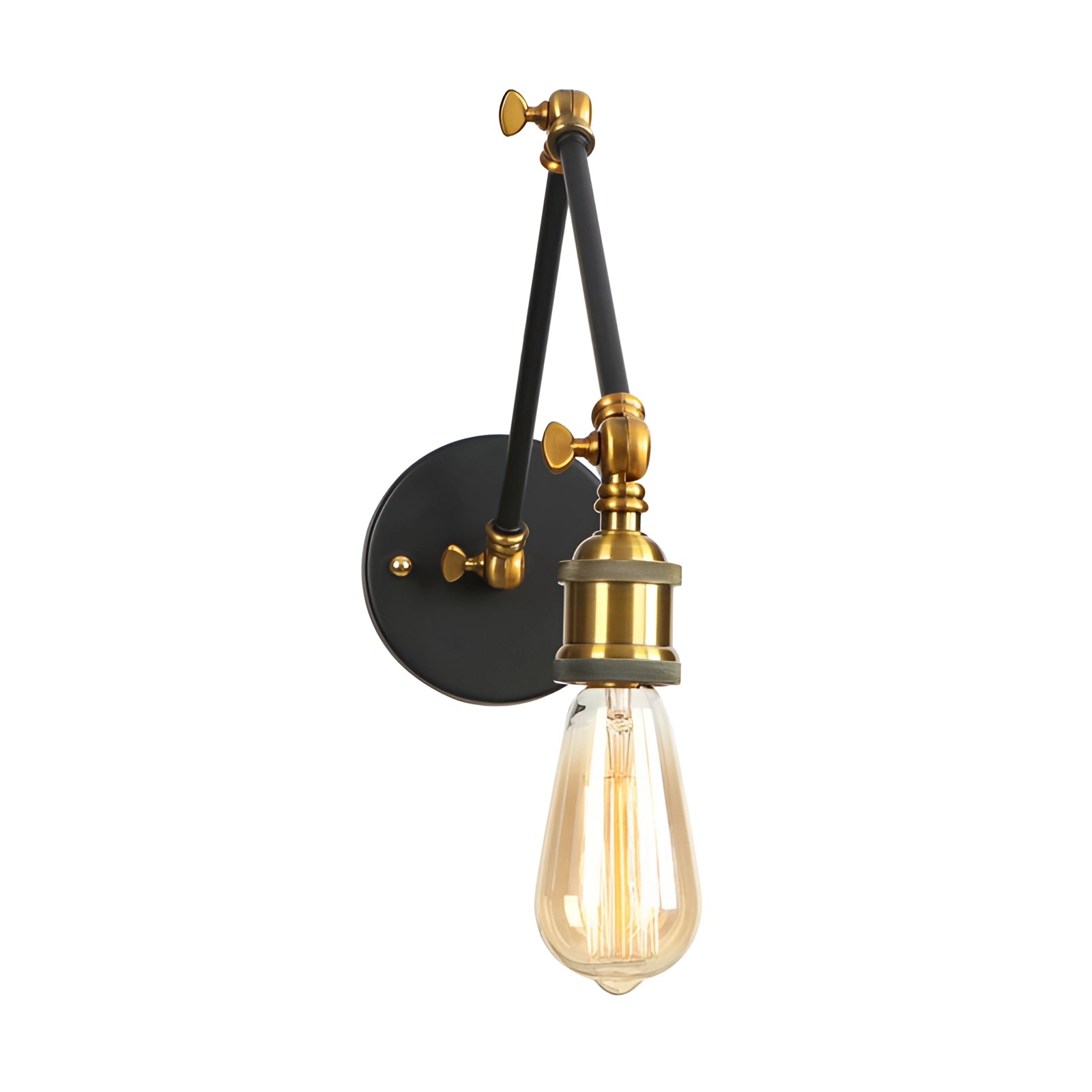 Vintage brass Edison bulb wall lamp with an adjustable swing arm sconce in black finish, showcasing a metal design and featuring a round light fixture.