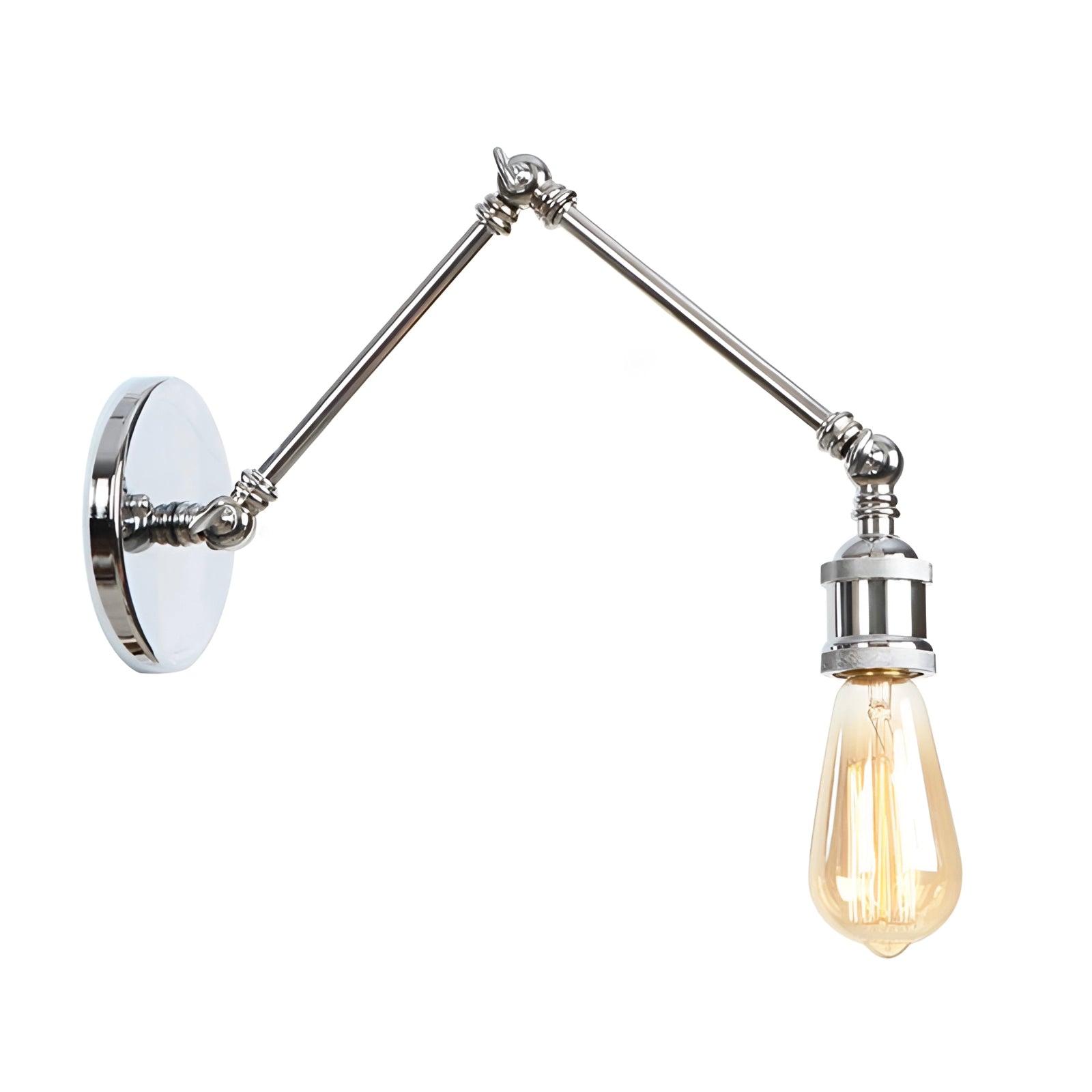 Vintage Brass Edison Bulb Wall Lamp with Adjustable Swing Arm Sconce in Chrome finish, featuring a sleek triangular metal design reminiscent of a ceiling fixture.