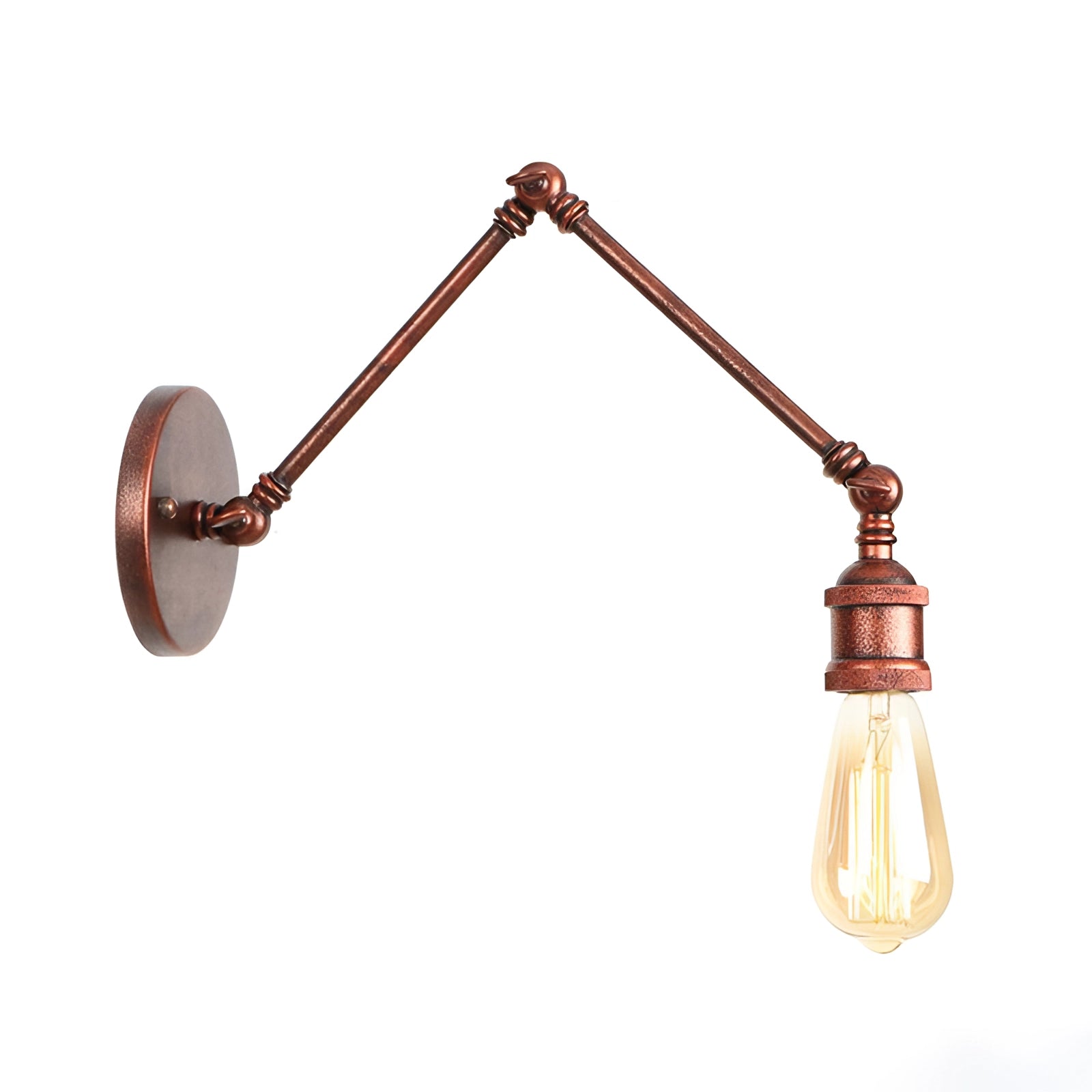 Vintage brass wall lamp with an Edison bulb and an adjustable swing arm, featuring a rust finish. The lamp showcases a triangular metal design, enhancing both functionality and aesthetic appeal.