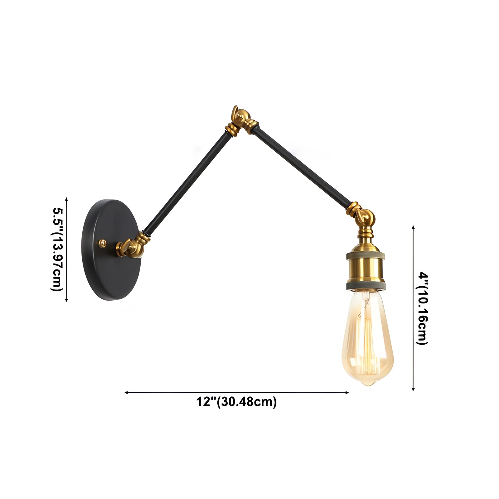 Vintage brass Edison bulb wall lamp with an adjustable swing arm sconce, featuring a metal construction and a classic design.