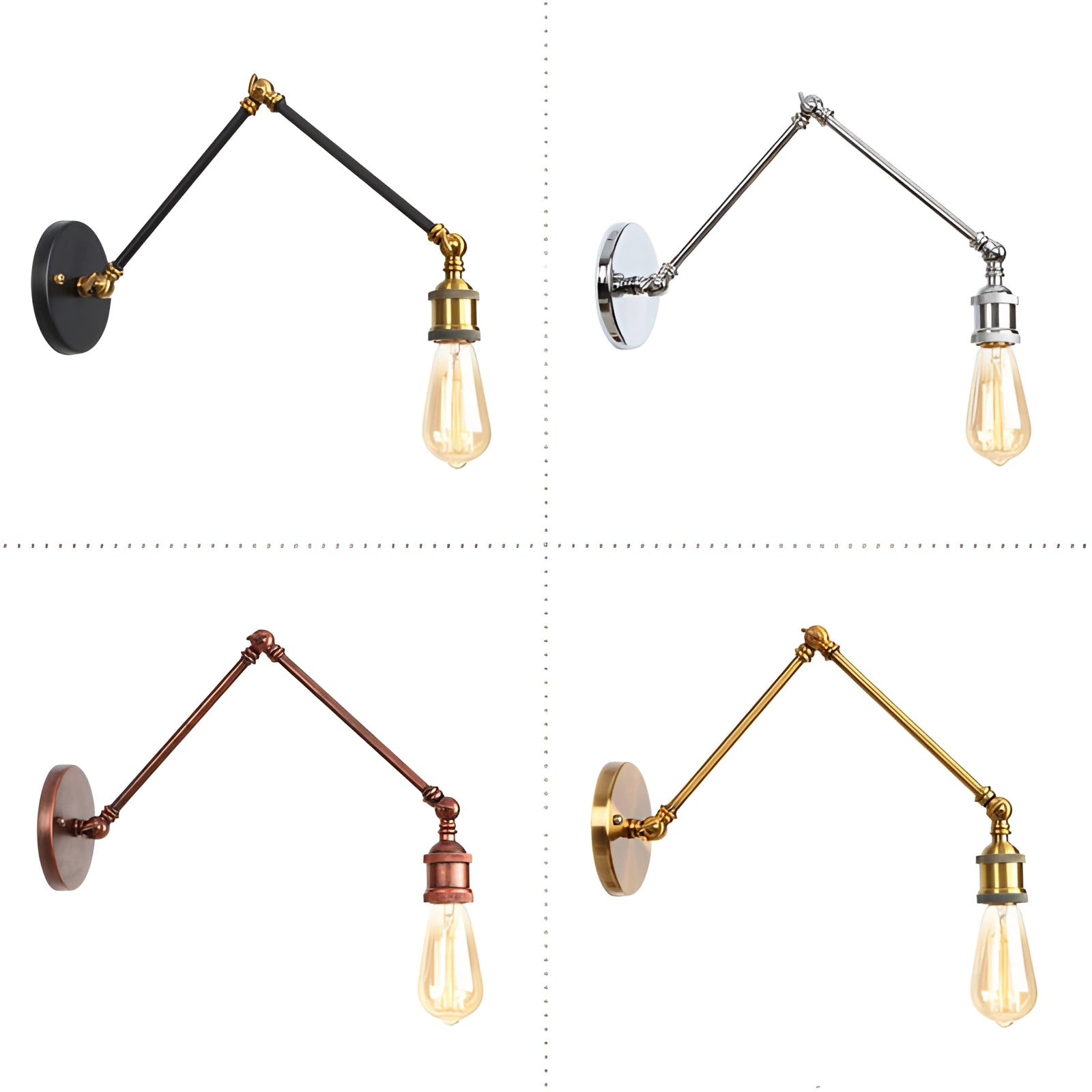 Vintage brass wall lamp with an Edison bulb, featuring an adjustable swing arm design and circular base.