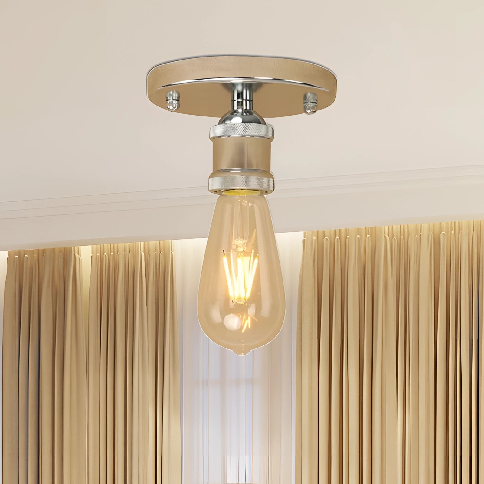 Vintage brass flush mount ceiling fixture in retro industrial style with Edison bulb design, showcasing a warm, ambient light. The fixture is mounted on a wooden ceiling, adding a rustic charm to the space.
