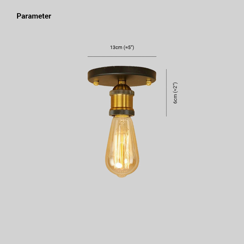 Vintage brass flush mount Edison ceiling fixture in retro industrial style, featuring a metal circular design with a classic light bulb encased in a brass finish, mounted on the ceiling.
