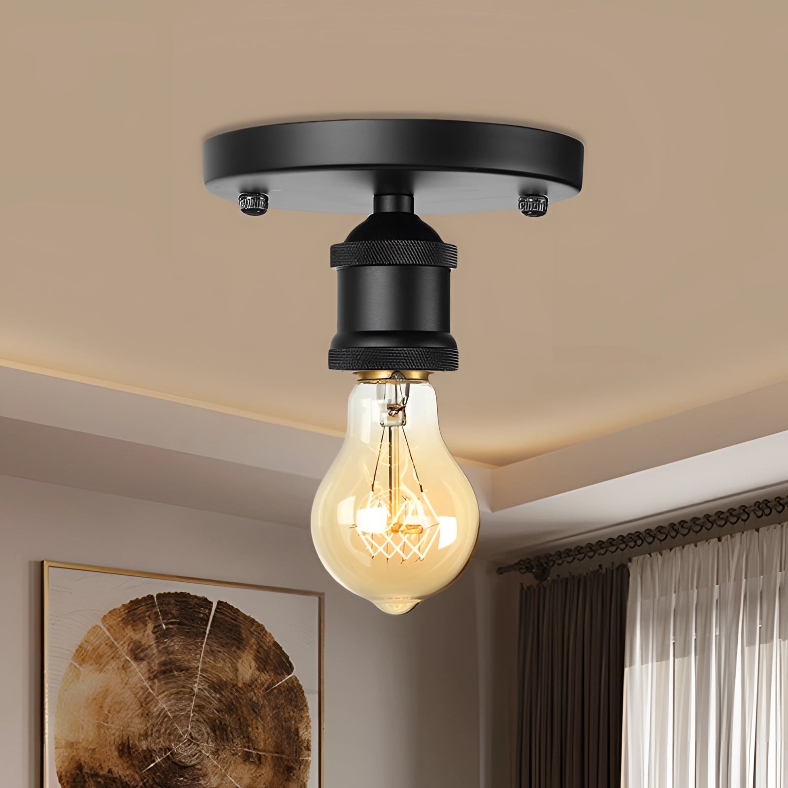 Vintage brass flush mount Edison ceiling fixture with retro industrial style, installed on a ceiling within a tastefully designed interior space featuring wooden elements and neutral shades.