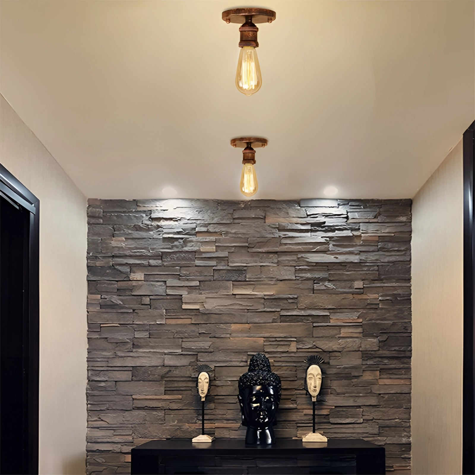 Vintage brass flush mount ceiling fixture in retro industrial style with chrome finish, featuring Edison bulb design, set against a wooden floor and interior decor elements.