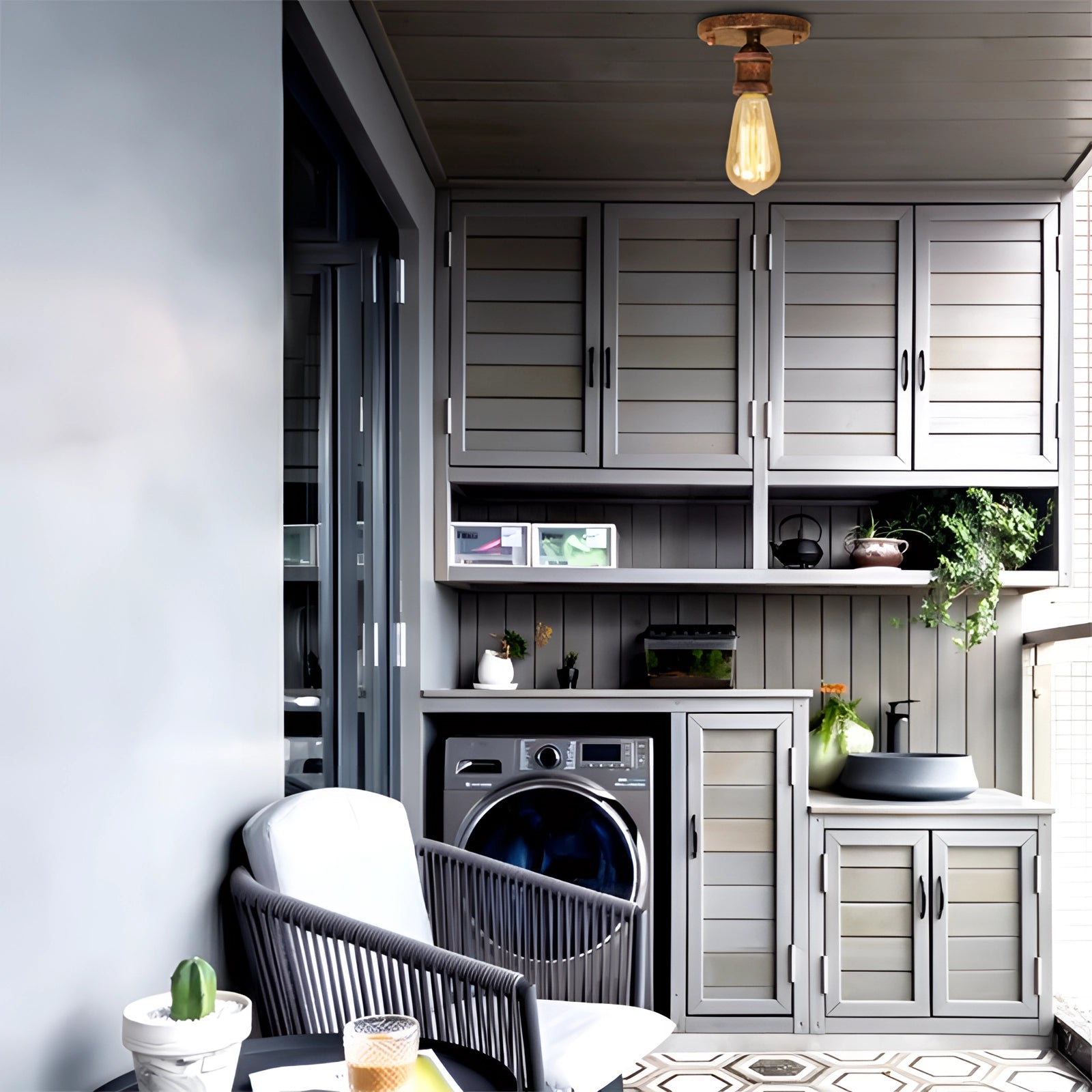 Vintage brass flush mount ceiling fixture with Edison bulb in a retro industrial style, installed in a kitchen setting with wooden cabinetry and countertops.