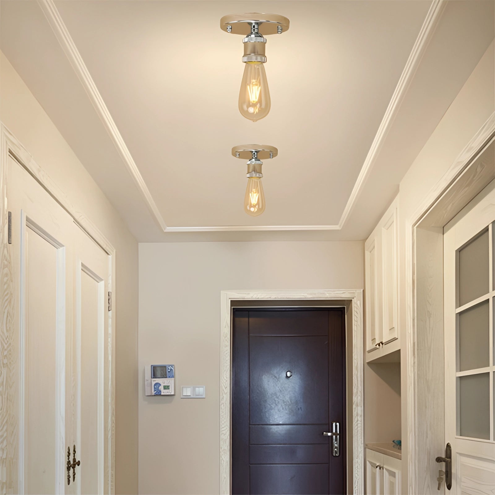 Vintage brass flush mount ceiling fixture with Edison bulb, featuring a retro industrial style design against a wood-paneled ceiling background.