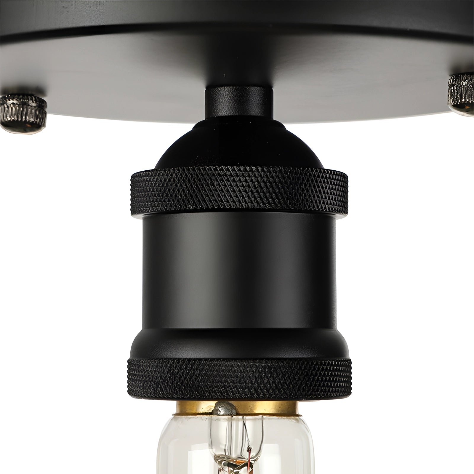 Vintage brass flush mount Edison ceiling fixture in a retro industrial style, featuring metal construction and designed to be mounted on the ceiling.