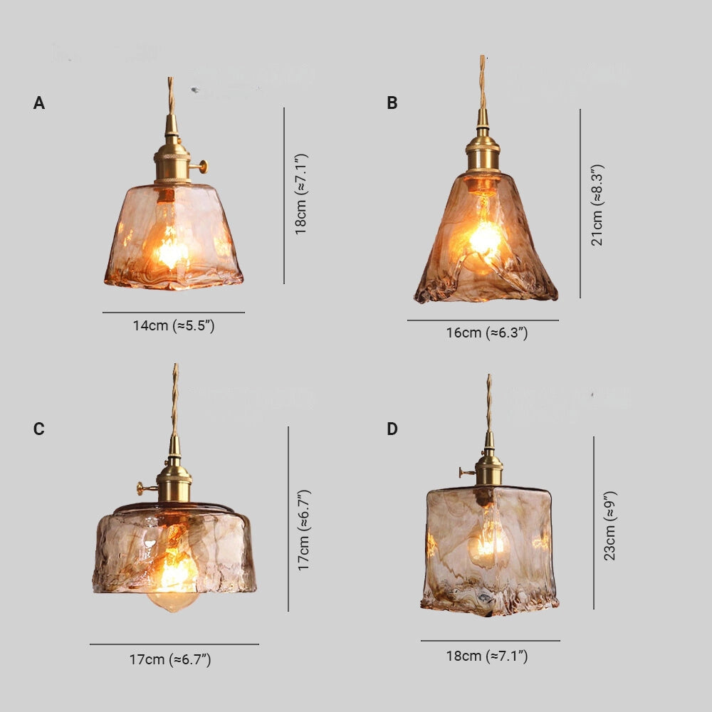 A vintage brass LED pendant light featuring a handblown glass fixture with an amber tint, resembling a chandelier design and suspended as a ceiling fixture.