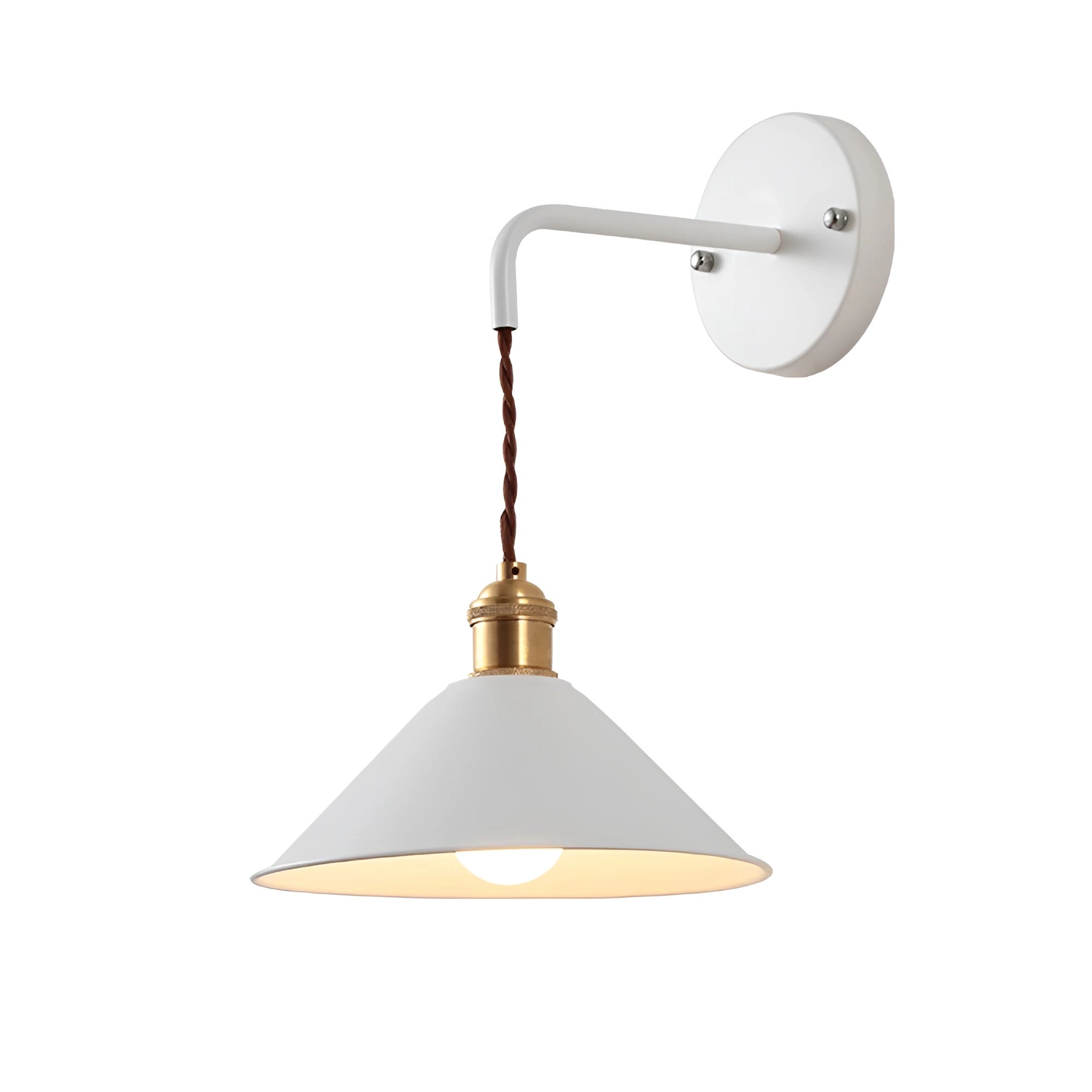 Vintage brass and white wall sconce with an industrial retro design, featuring a metal and wood construction.