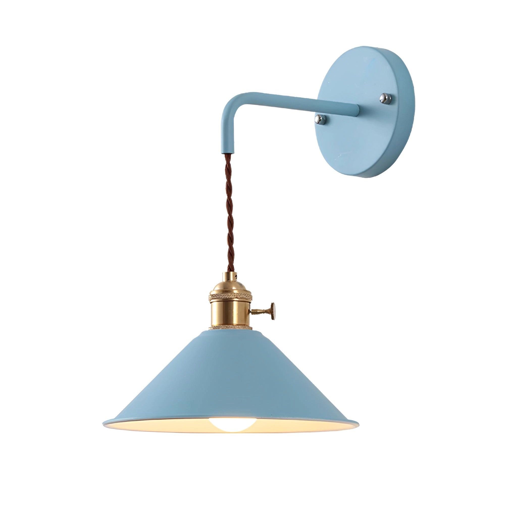 Vintage brass and white wall sconce with an industrial retro design featuring a blue variant. The lamp showcases a blend of metal and electric blue elements with a combination of circular and cone shapes.