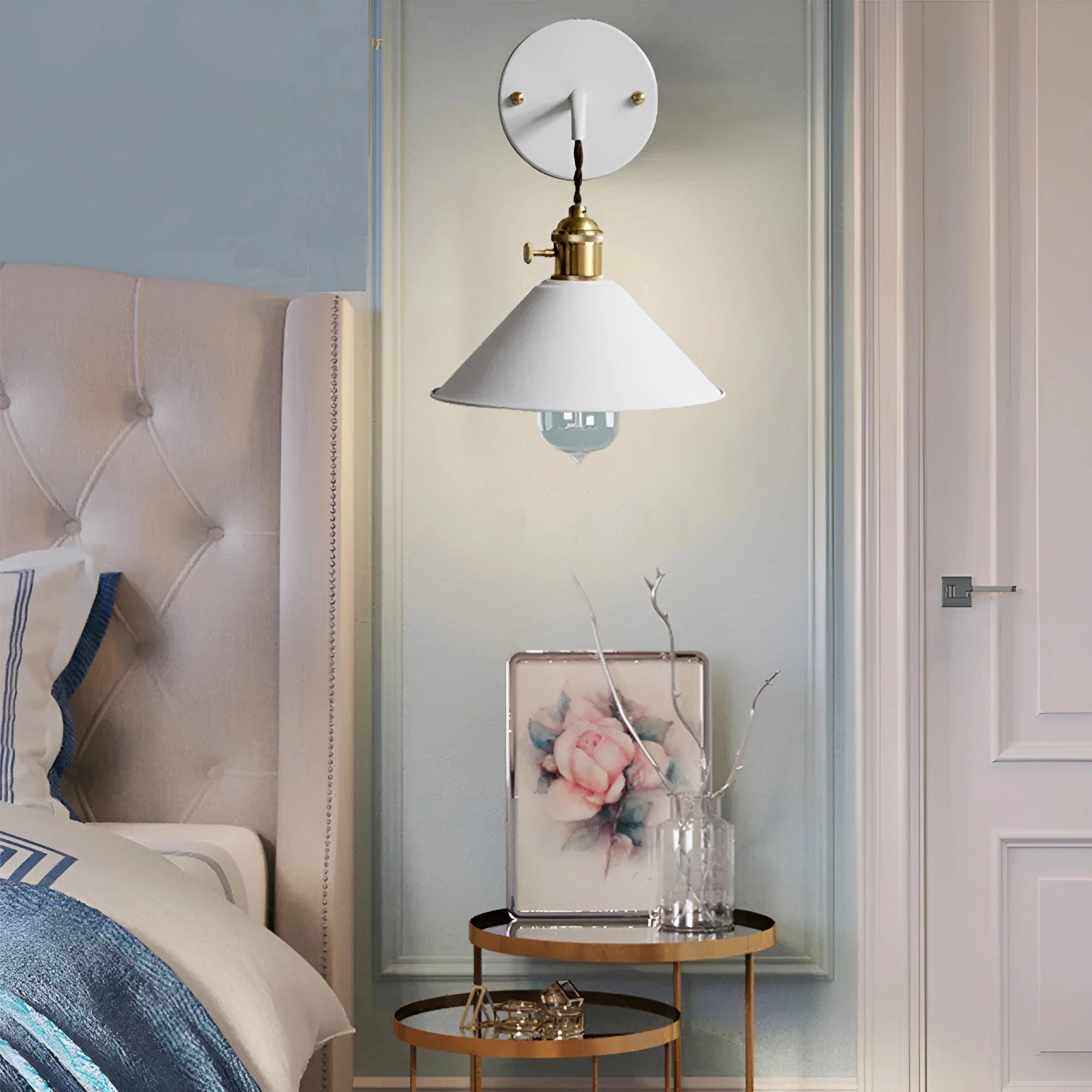 Vintage brass and white wall sconce lamp with industrial retro design, featuring a white shade and brass accents, mounted on a wooden wall, illuminating the interior space with a warm yellow glow.