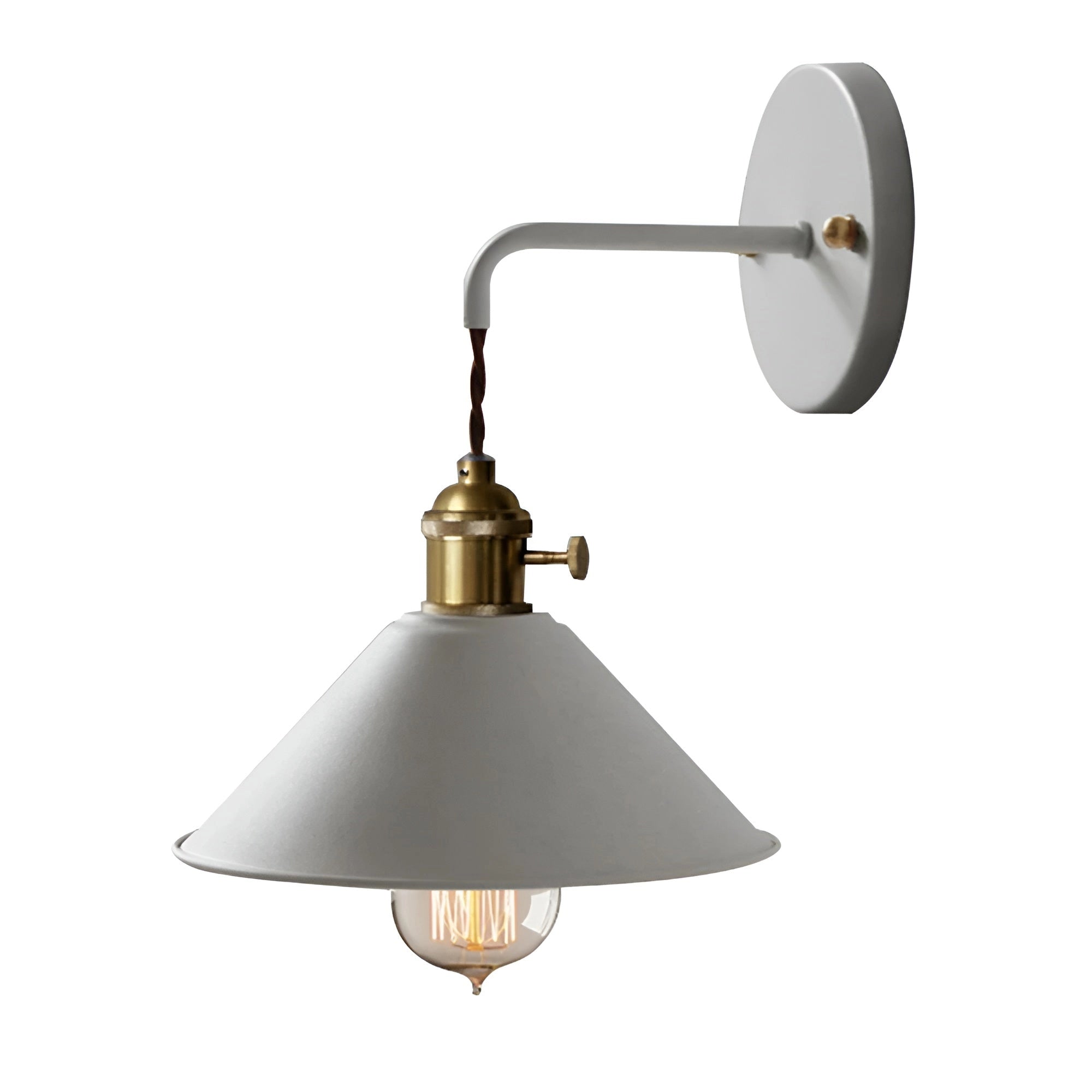 Vintage brass and white wall sconce with an industrial retro design, featuring a gray finish and a circular metal ceiling fixture. The lamp emits an amber glow, adding a warm touch to any space.