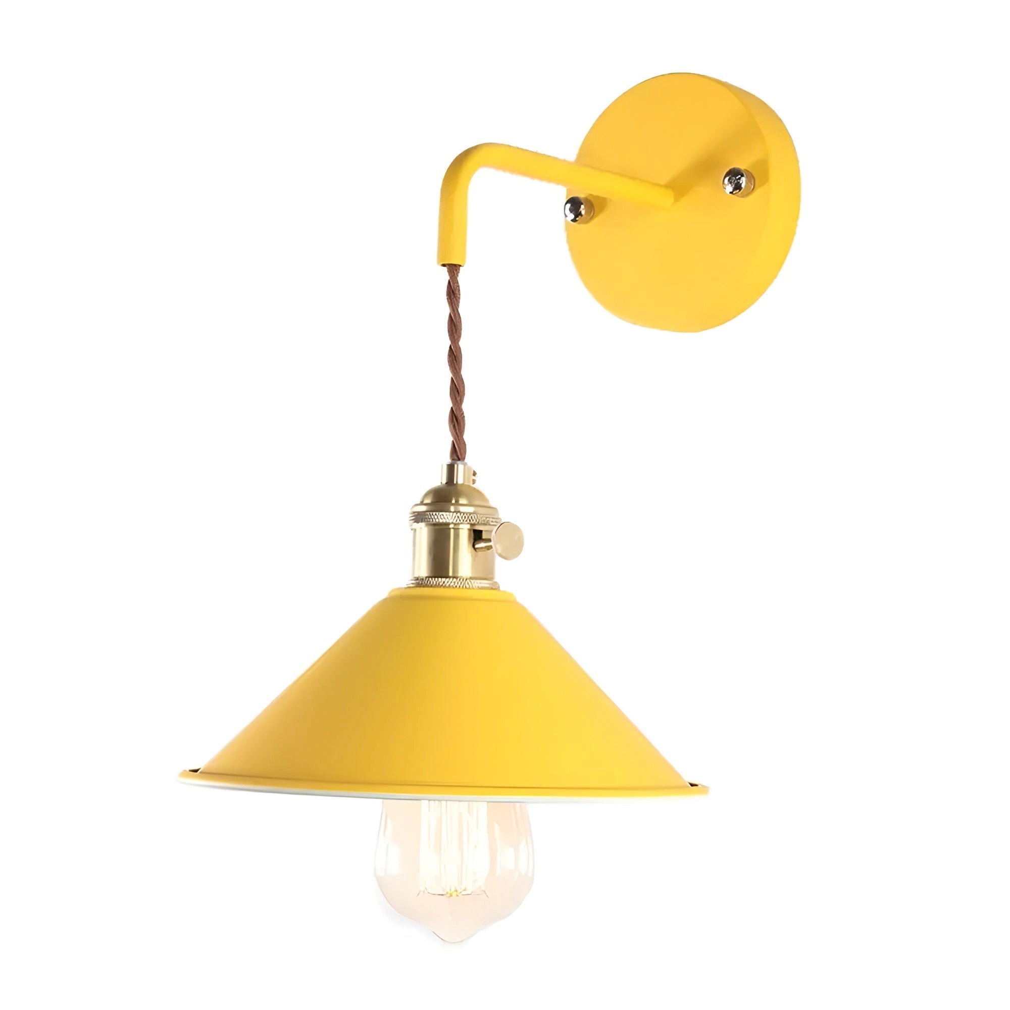 Vintage brass and white wall sconce with industrial retro design, featuring a yellow circular ornament resembling a holiday decoration.