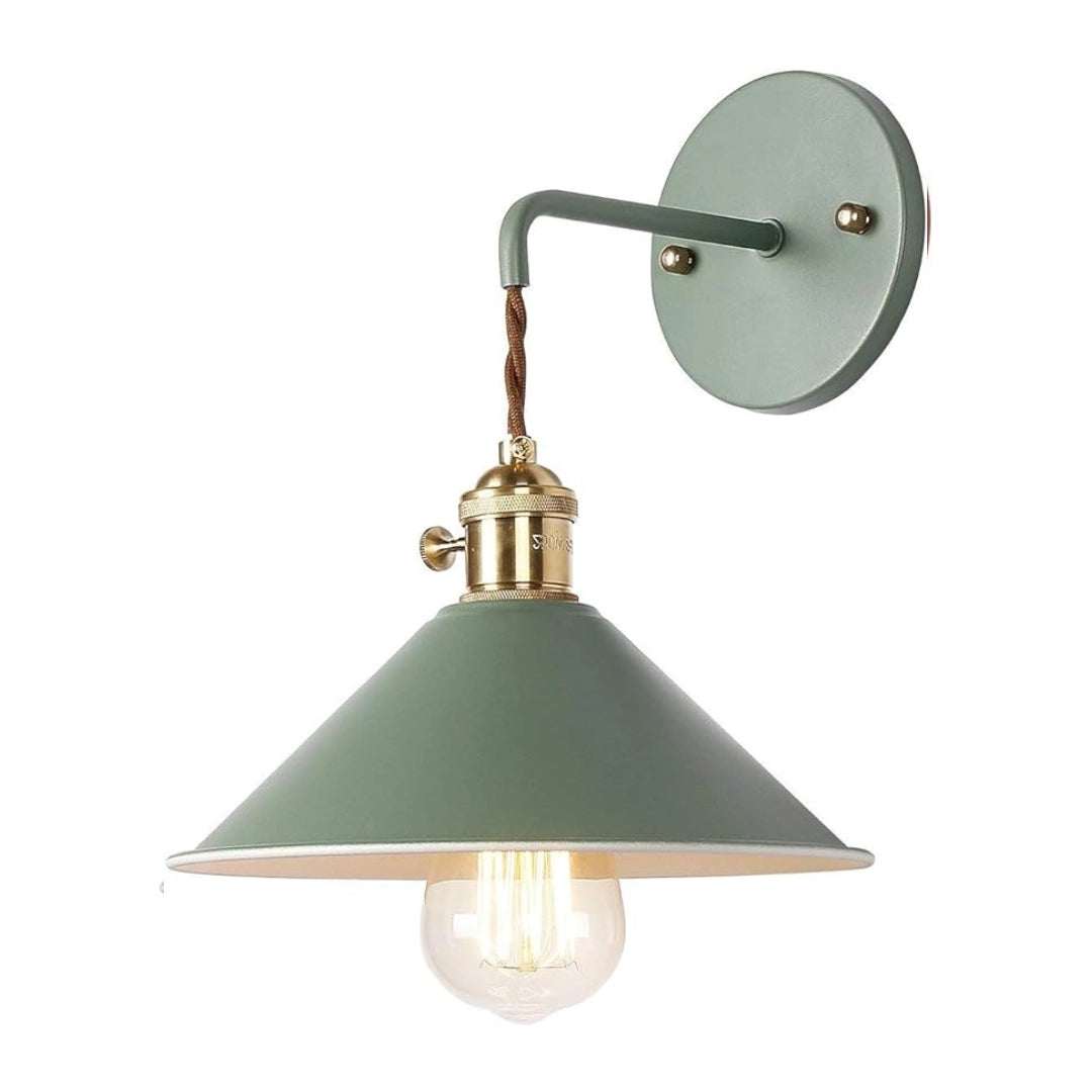 Vintage industrial retro lamp sconce featuring a green shade and white wall mount, with brass accents. The design integrates materials like wood and metal, and the lamp has a circle and rectangle geometric motif.