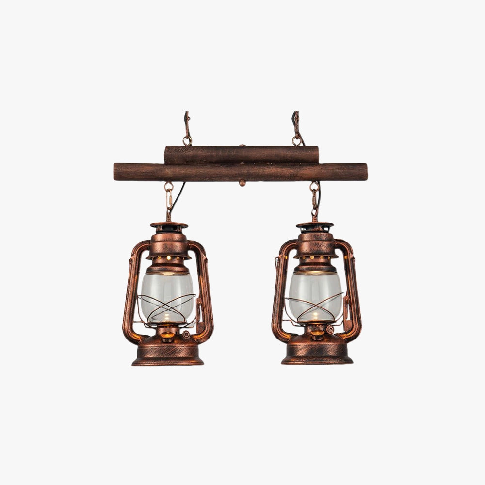 Vintage dual head copper lantern pendant with a nautical industrial design, featuring two lampshades and intricate detailing, perfect for adding a rustic and maritime charm to any decor setting.