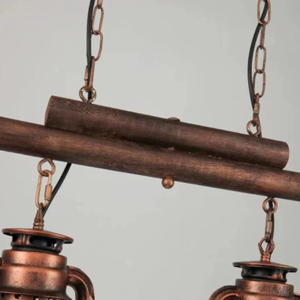 Vintage dual head copper lantern pendant with a nautical industrial design, featuring brown metal and wood elements, showcasing a classic and rustic aesthetic.