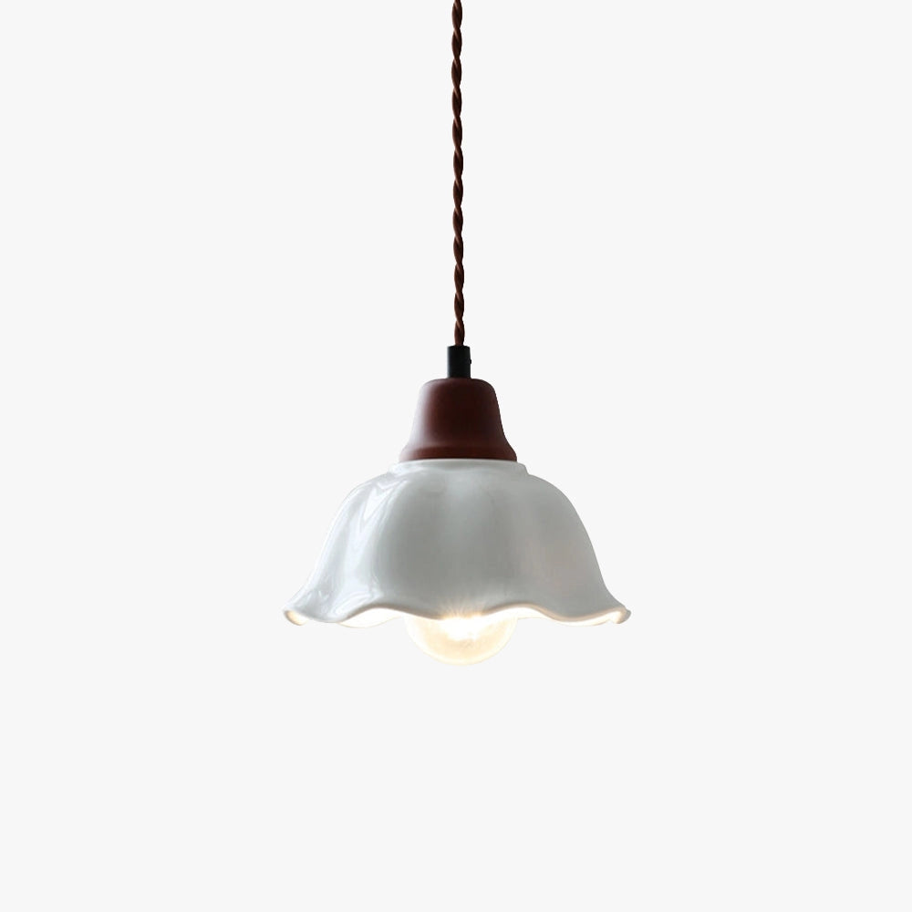 Vintage Floral Glass Pendant Light with a frosted finish, featuring a ceiling chandelier design, showcasing a delicate metal and wood structure with symmetrical elements.