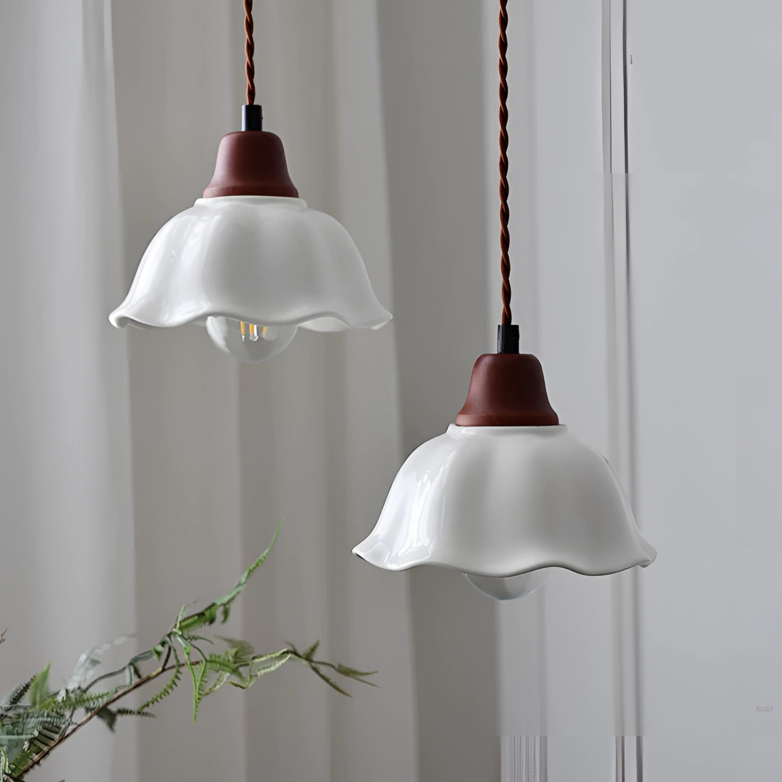 Vintage floral glass pendant light fixture with frosted design, featuring a 6.7-inch diameter, hanging from a wooden ceiling mount, suitable for interior decor and chandelier lighting.