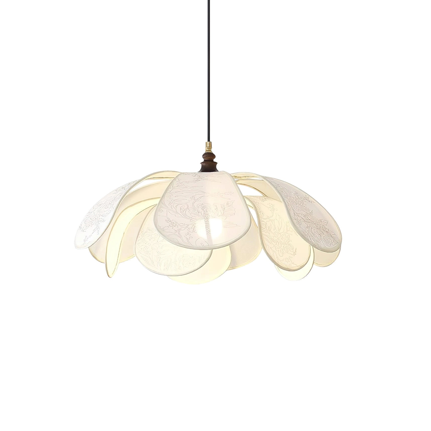 Vintage floral pendant light with etched glass lampshade, beige, hanging from ceiling in dining room.
