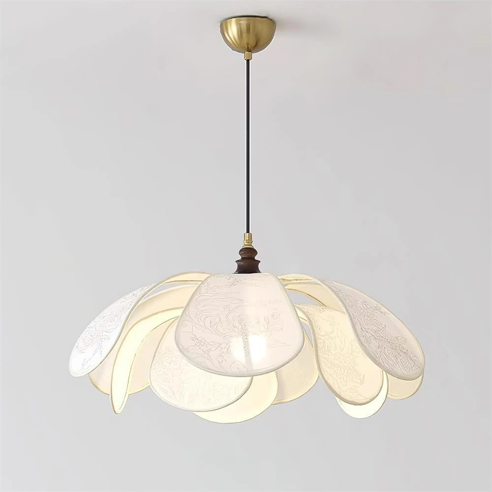 A vintage floral pendant light with an etched glass lampshade, featuring a diameter of 60cm and height of 32cm, in gold and white, hanging in a dining room setting.