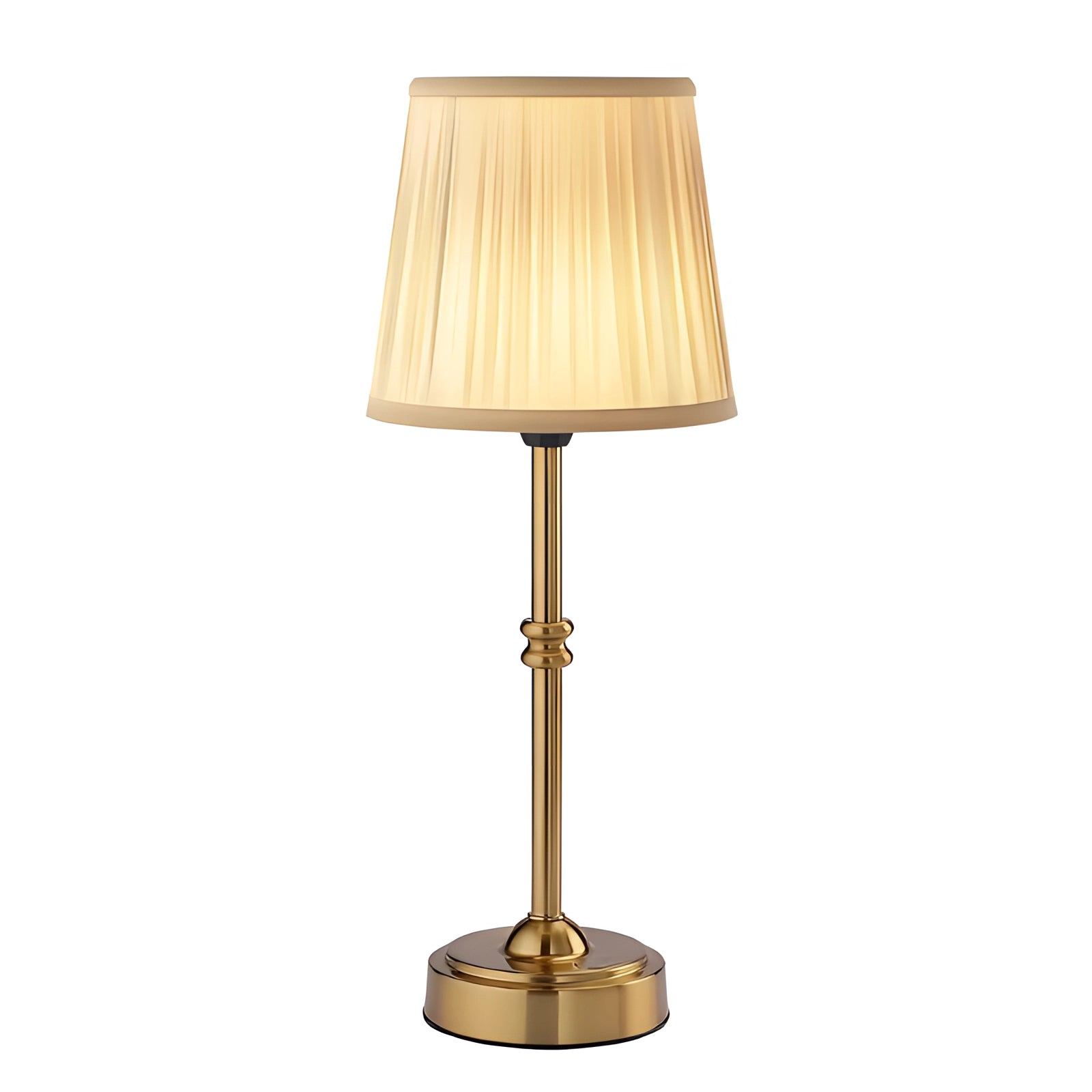 Vintage gold table lamp with a pleated lampshade in a classic brass design, placed on a wooden rectangular table, showcasing a sophisticated light fixture ideal for interior design.