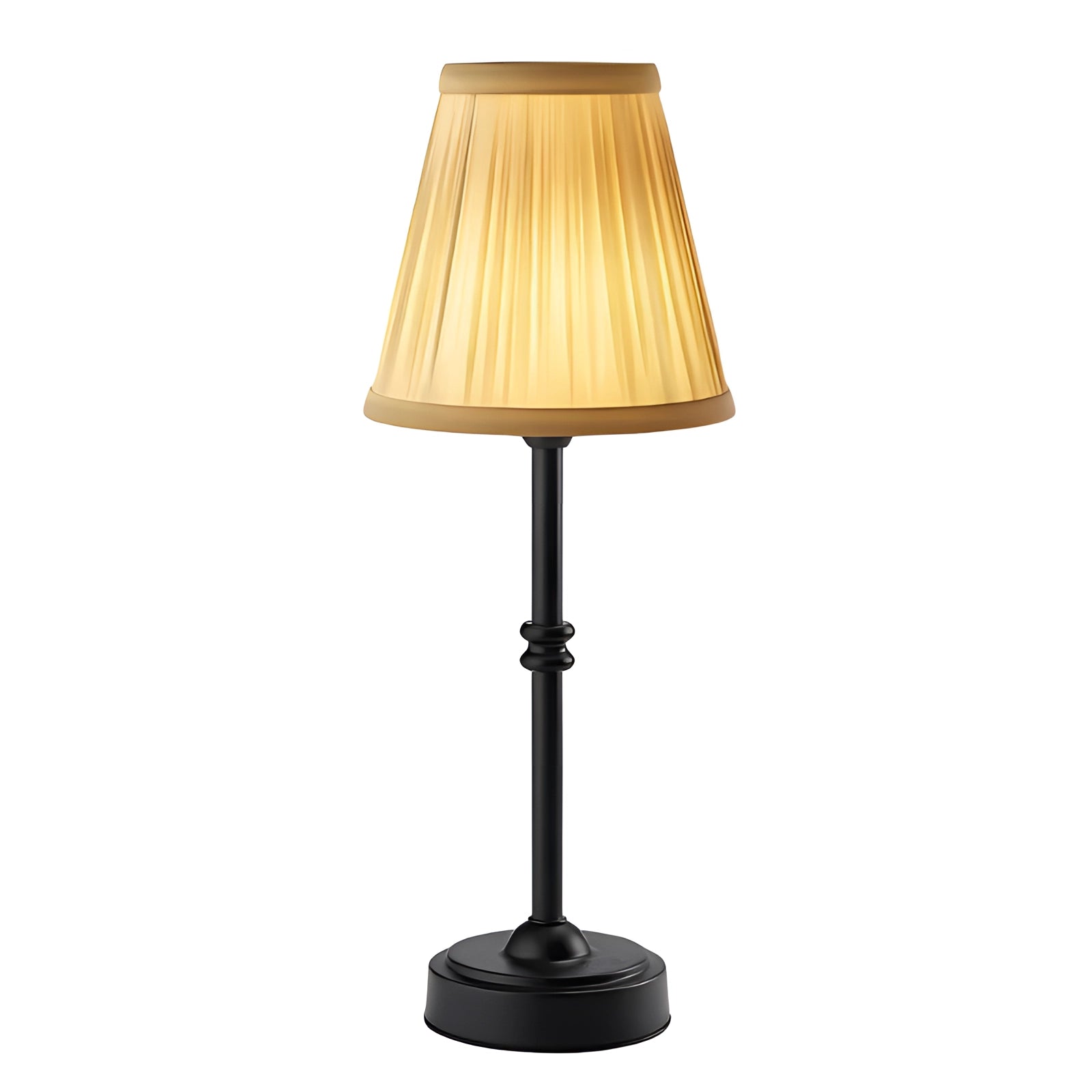 Vintage gold table lamp featuring a pleated lampshade in classic brass design, presented in a black variant, positioned on a wooden desk surface.
