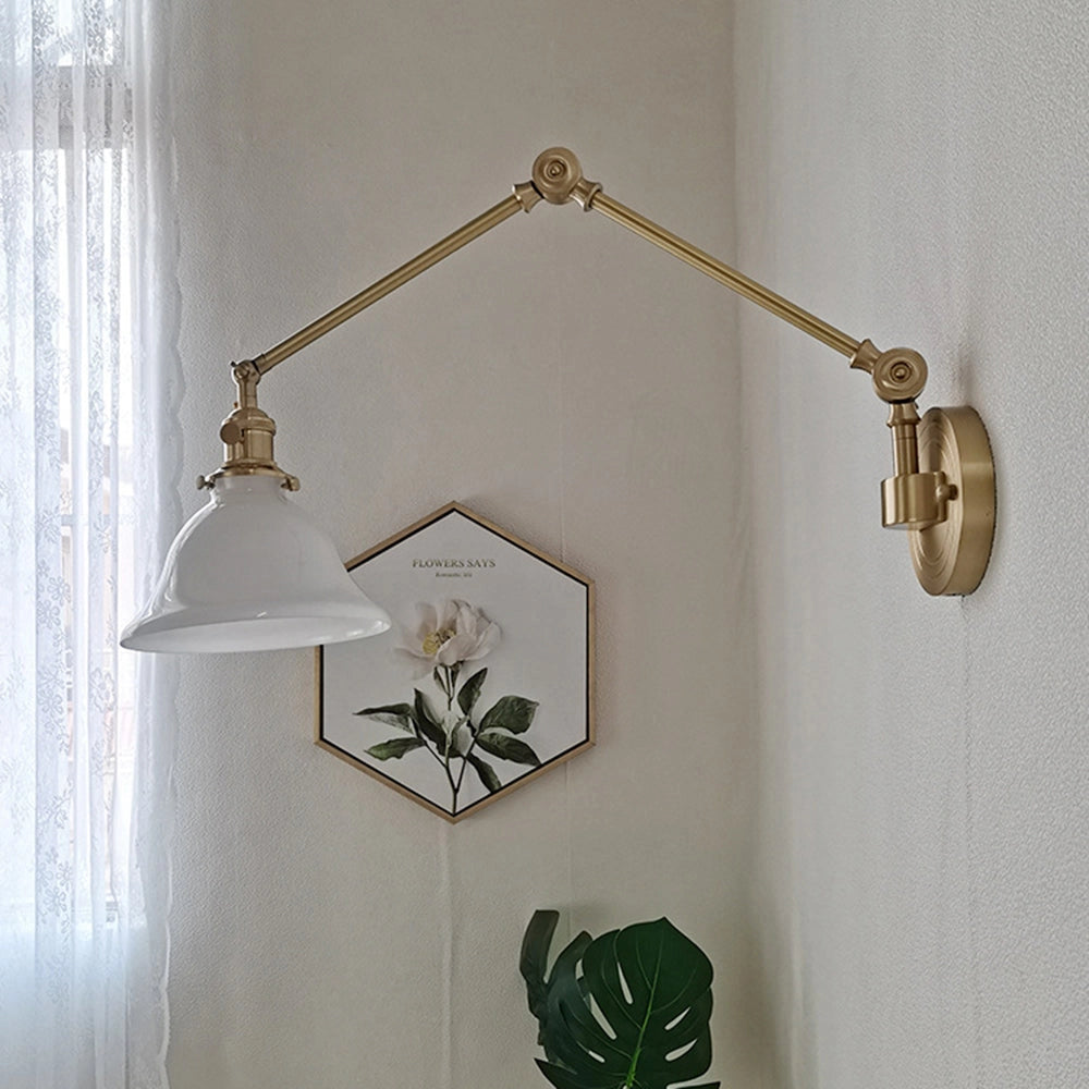 Vintage green enamel wall lamp with a brass arm, featuring a sleek rectangular design. The lamp is made of metal and has a natural, rustic aesthetic, suitable for adding a vintage touch to any room.