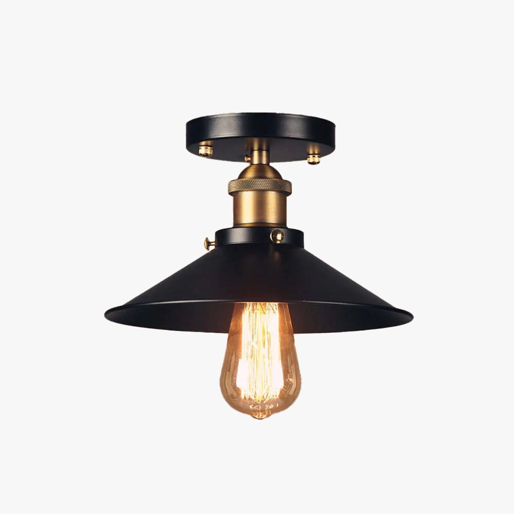 Vintage industrial ceiling light with an antique brass and black finish, featuring a metal ceiling fixture and lampshade.