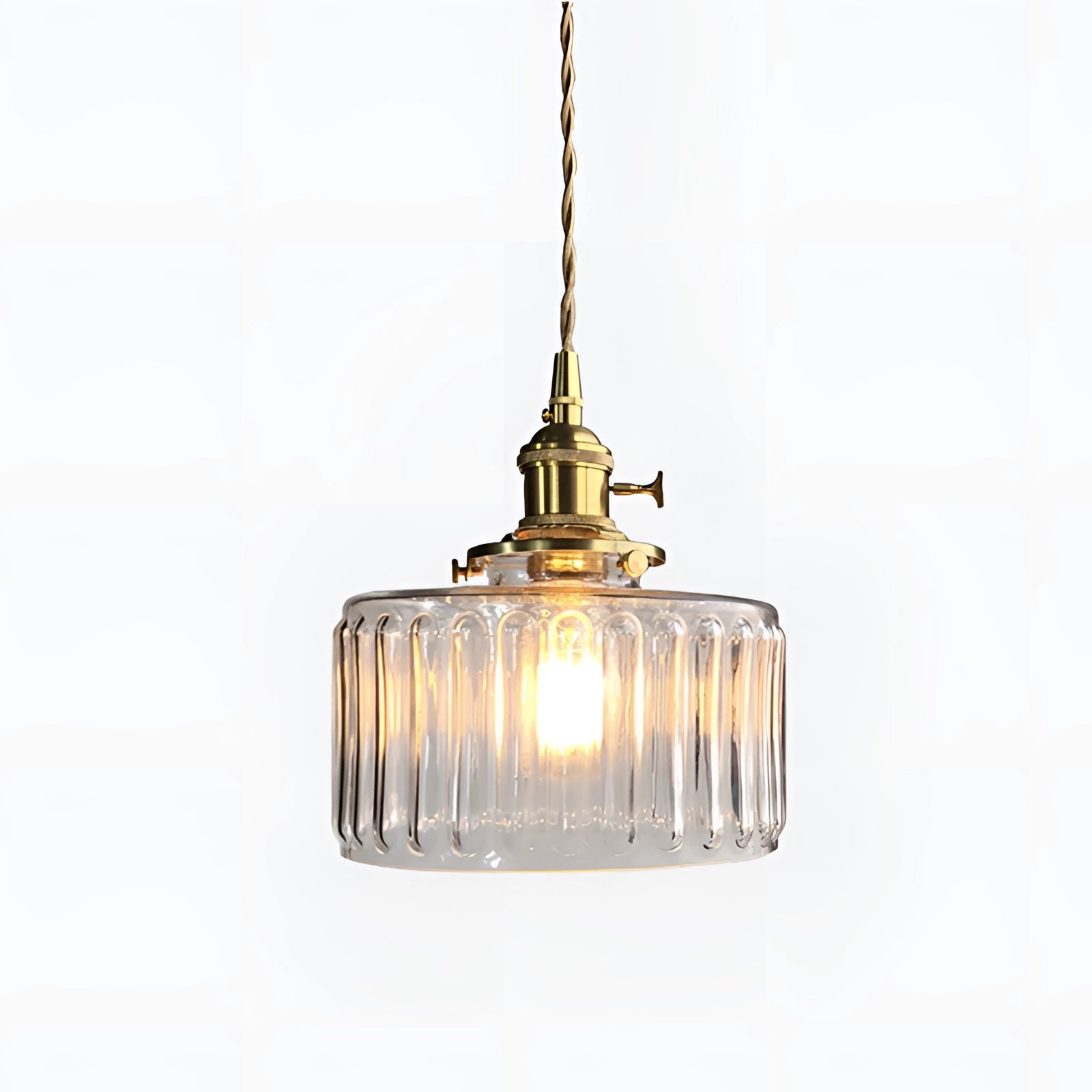 Vintage Industrial Glass Pendant Light with Green Shade and Brass Fittings, featuring a clear glass design with stripe patterns.