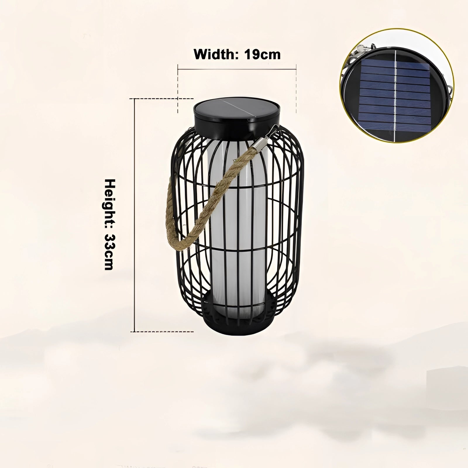 Vintage industrial black table lamp in the shape of a rustic metal lantern with a rope handle.