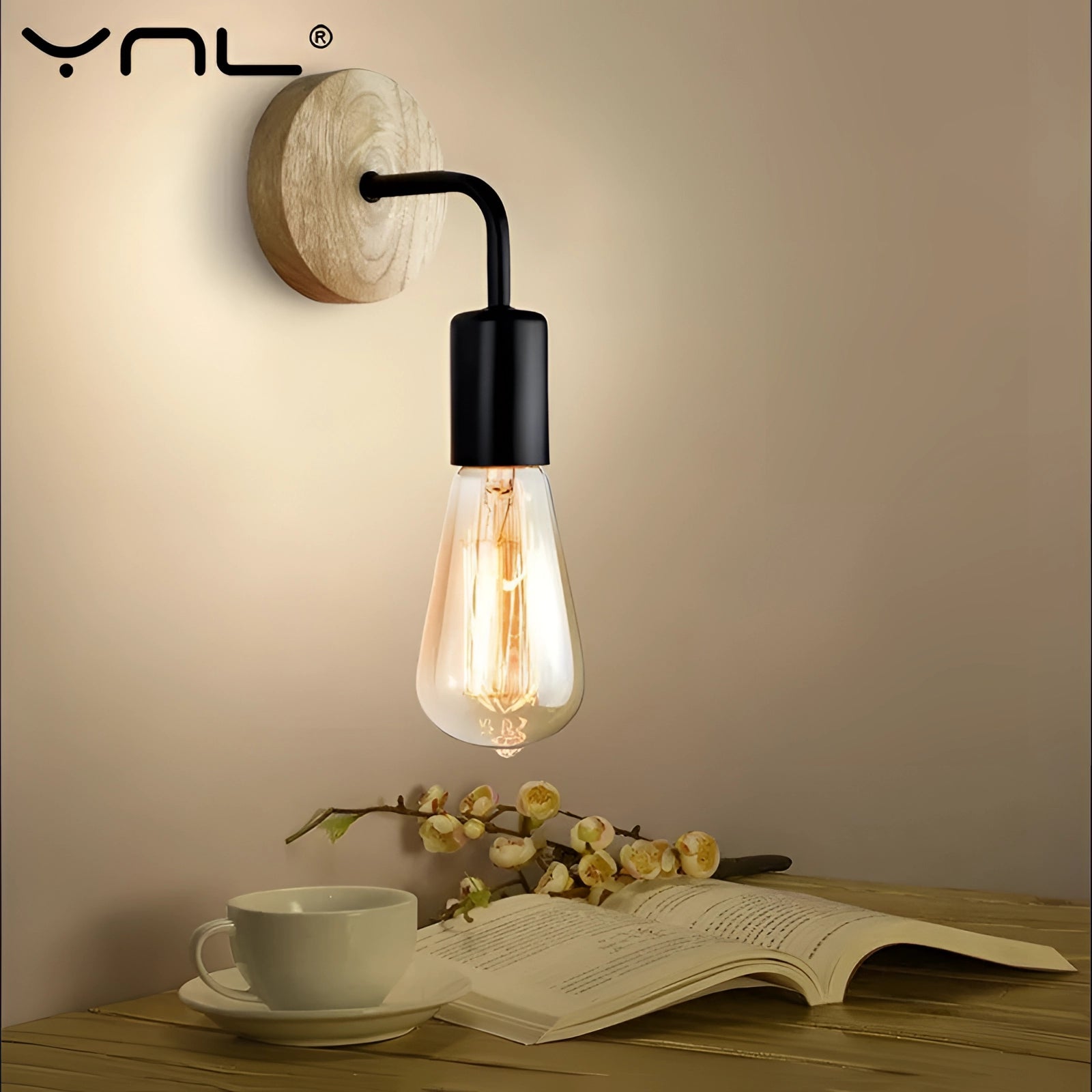 Vintage industrial wall light featuring a sturdy black metal pipe fixture mounted on a solid wooden base.