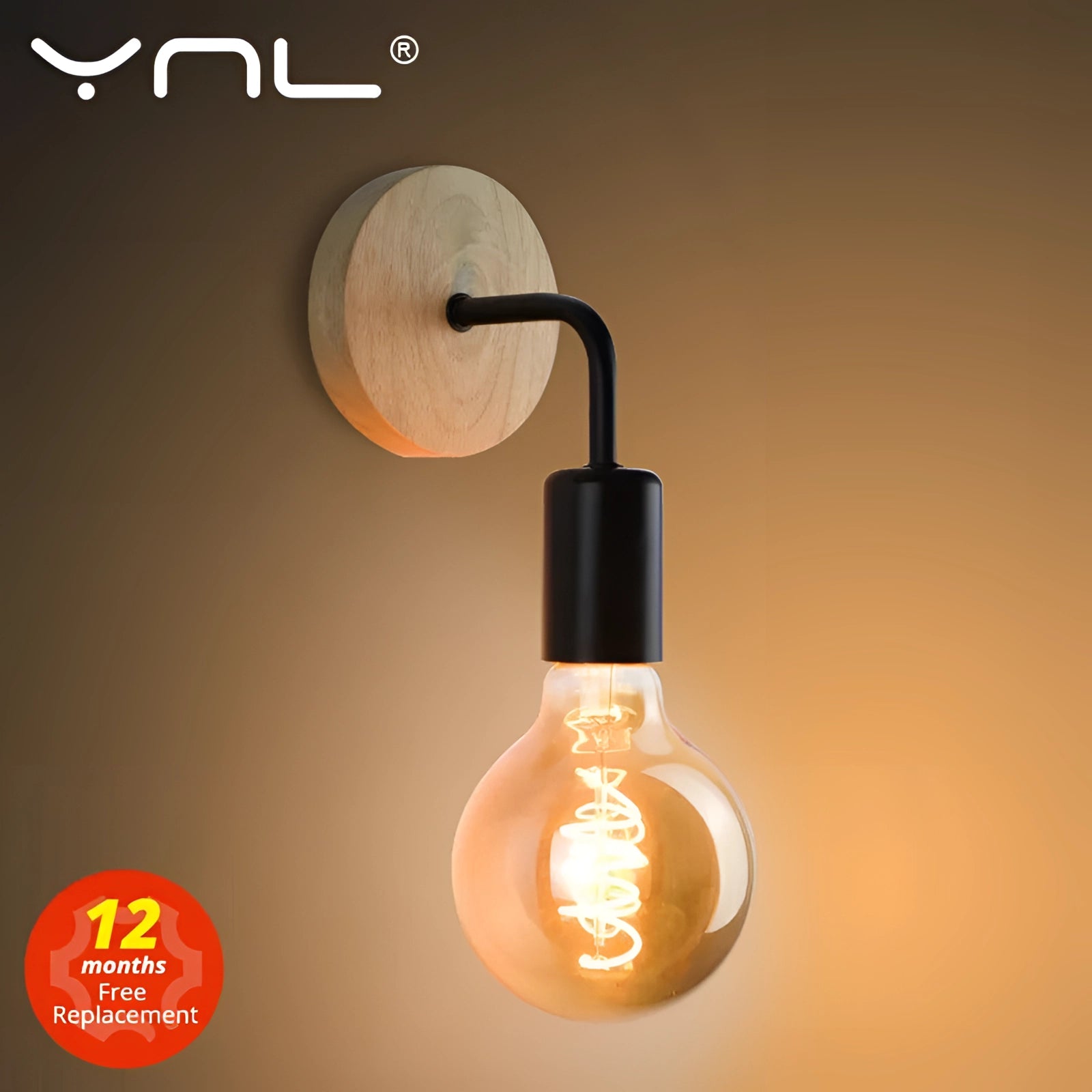 Vintage industrial wall light featuring a wooden base and a black metal pipe fixture, with an amber-tinted bulb that emits a warm glow.