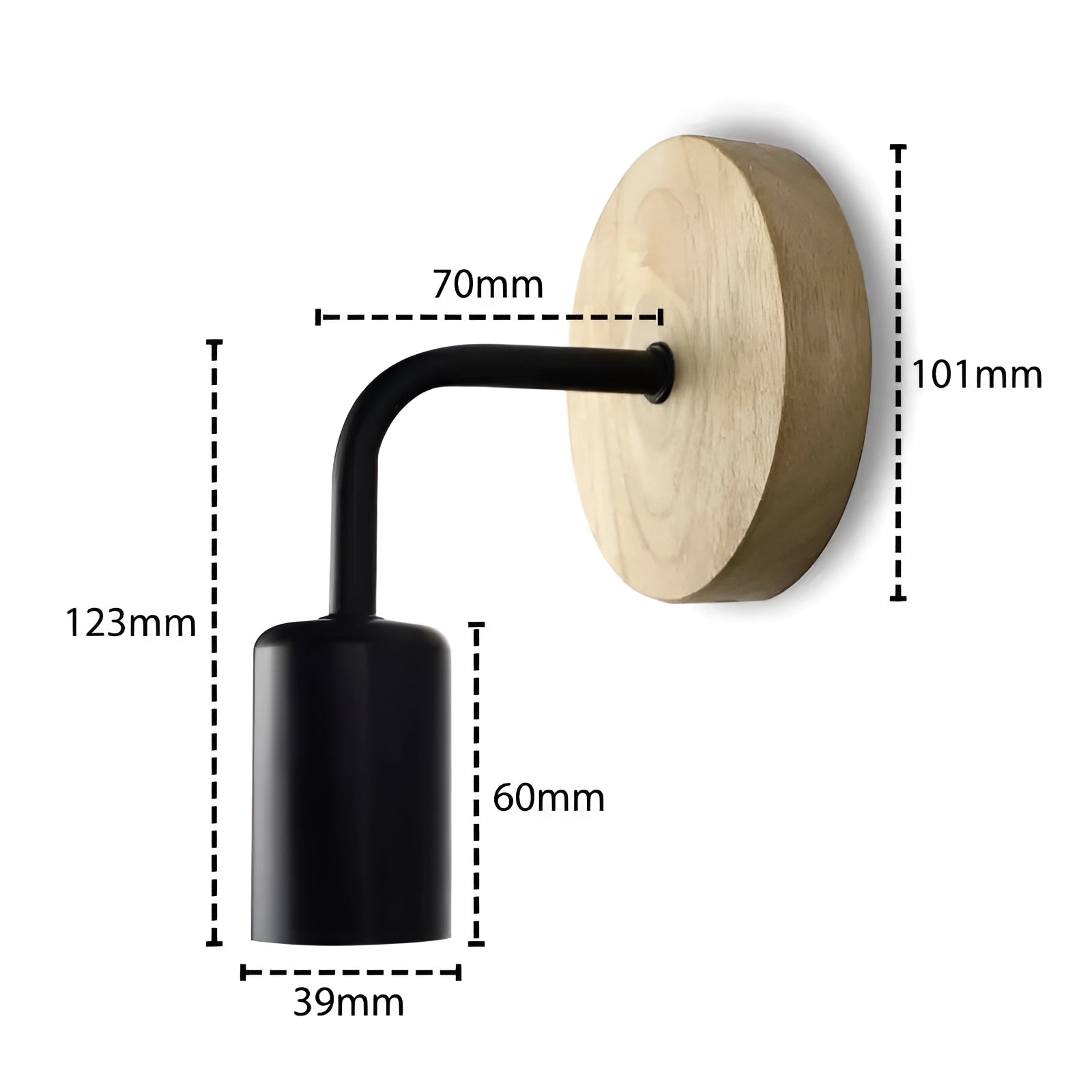 Vintage industrial wall light with a wooden base and black metal pipe fixture featuring a rustic design element.