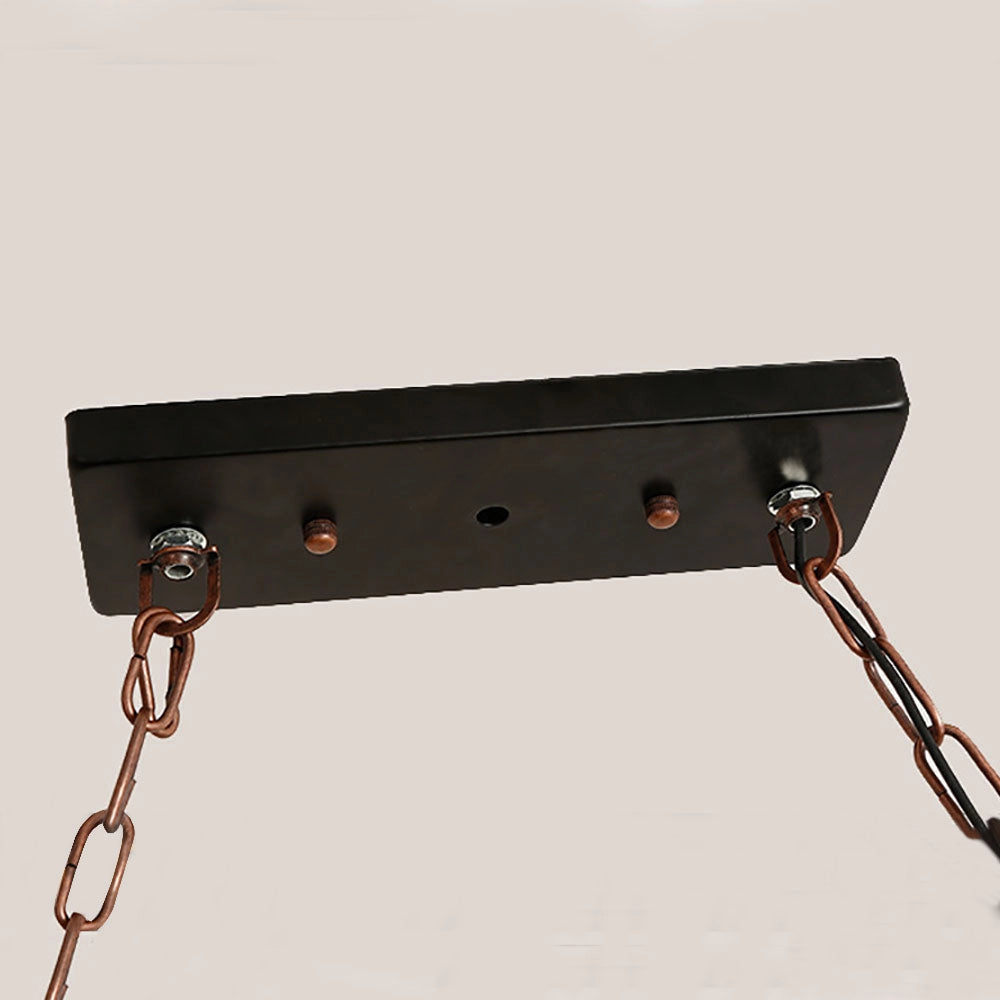 Vintage industrial wood and metal chandelier with a rustic farmhouse design, featuring a rectangular shape and a blend of metal and wood materials.