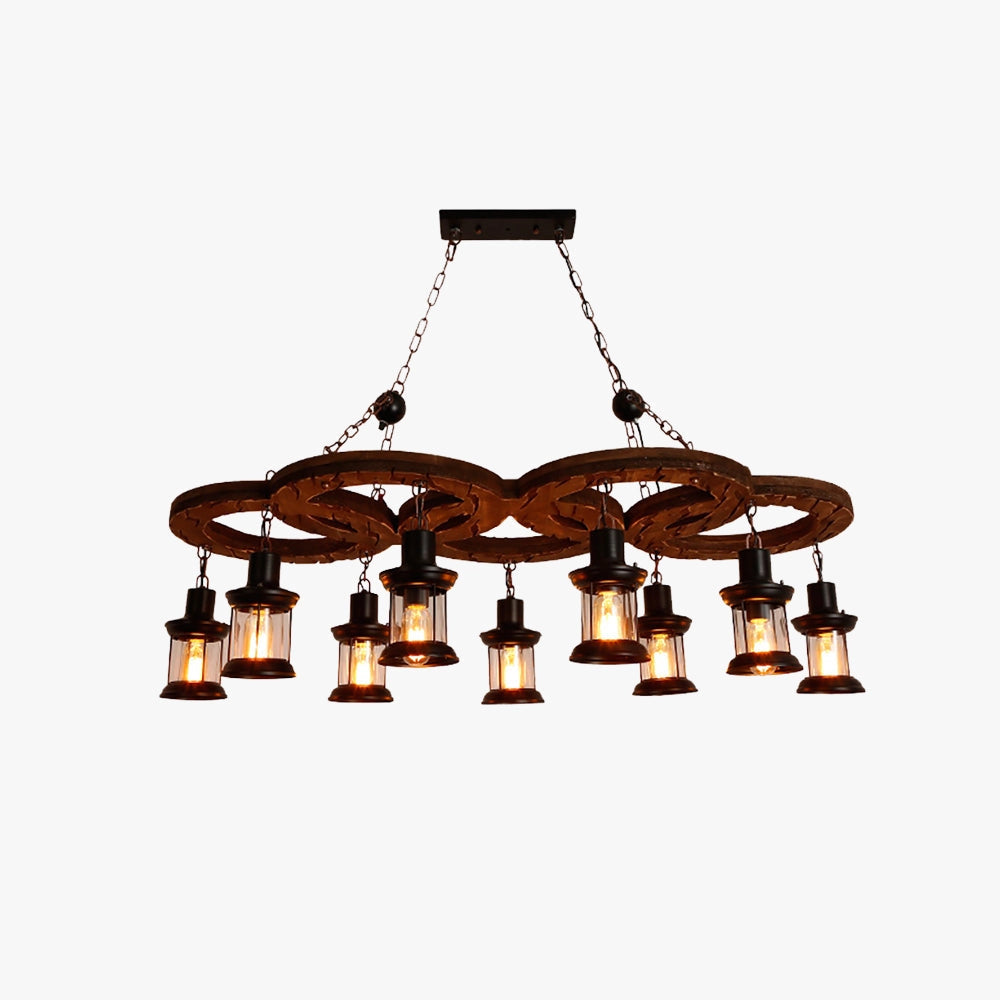 Vintage industrial wood and metal chandelier with a rustic farmhouse design, featuring a circular ceiling light fixture with a combination of artful elements and tints and shades.