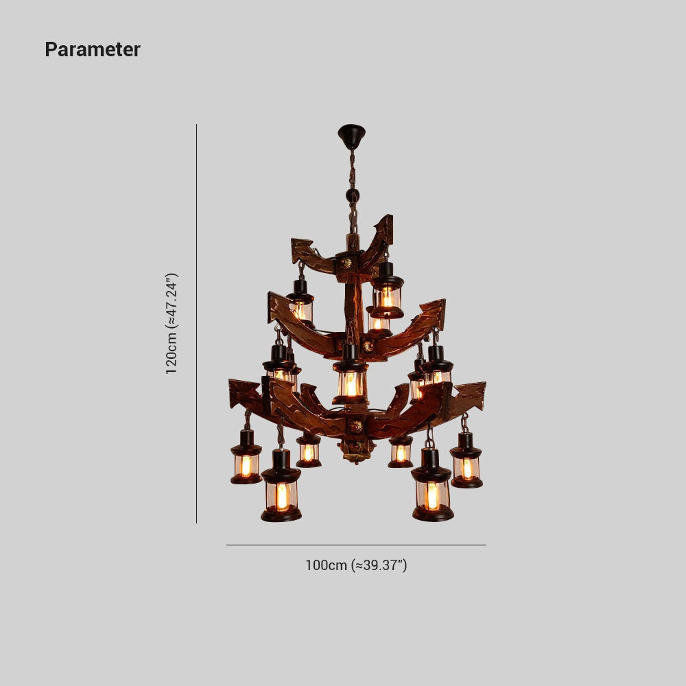 Vintage nautical ship wheel chandelier with rustic maritime design, featuring multiple light fixtures arranged artistically to resemble a ship's wheel, enhancing any space with a maritime theme.