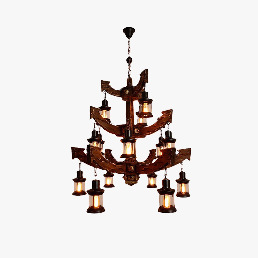 Vintage nautical ship wheel chandelier with rustic maritime design, featuring wooden elements and decorative details reminiscent of traditional nautical themes.