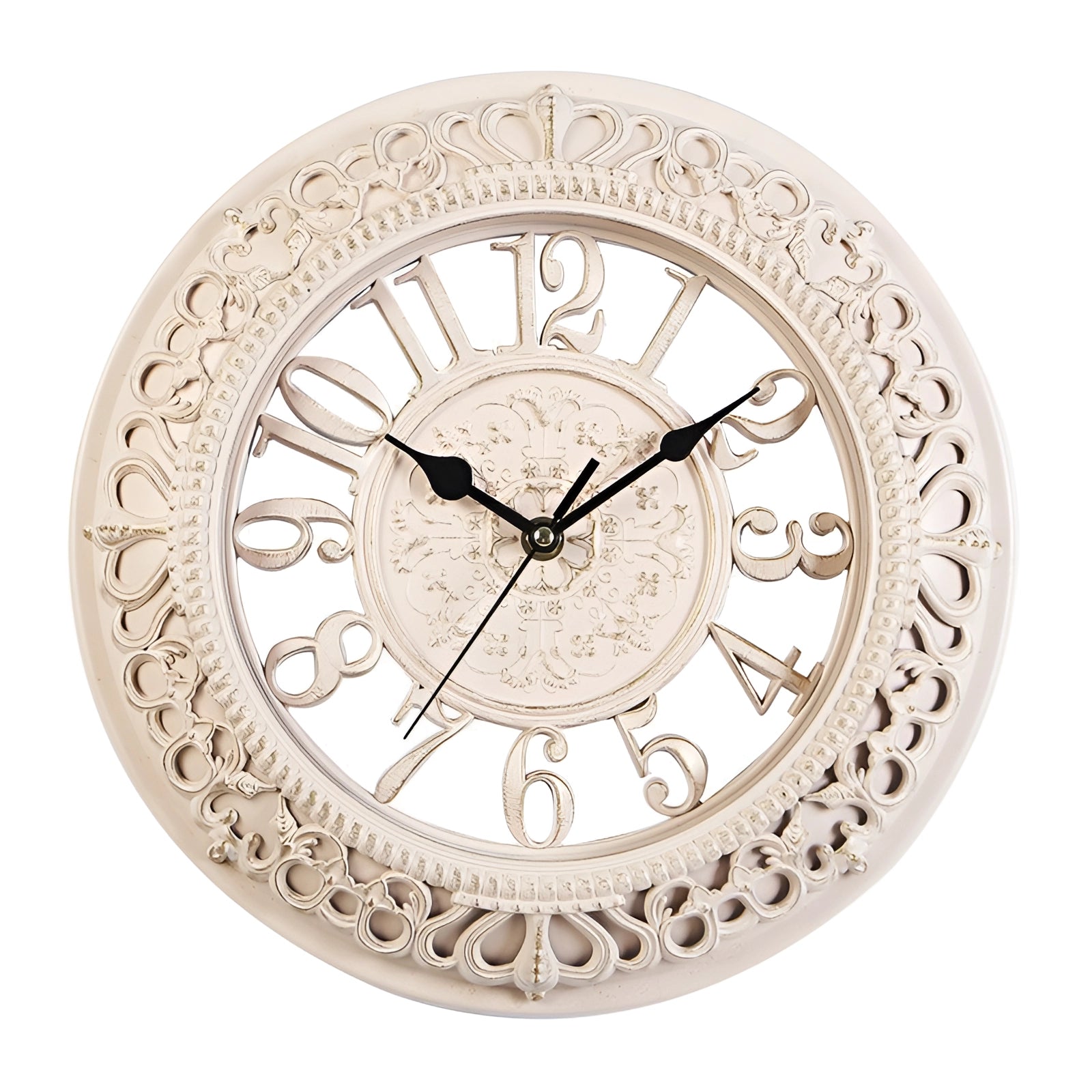 Vintage ornate white wall clock with Roman numerals featuring a circular design and intricate metal detailing, resembling classic watch craftsmanship.