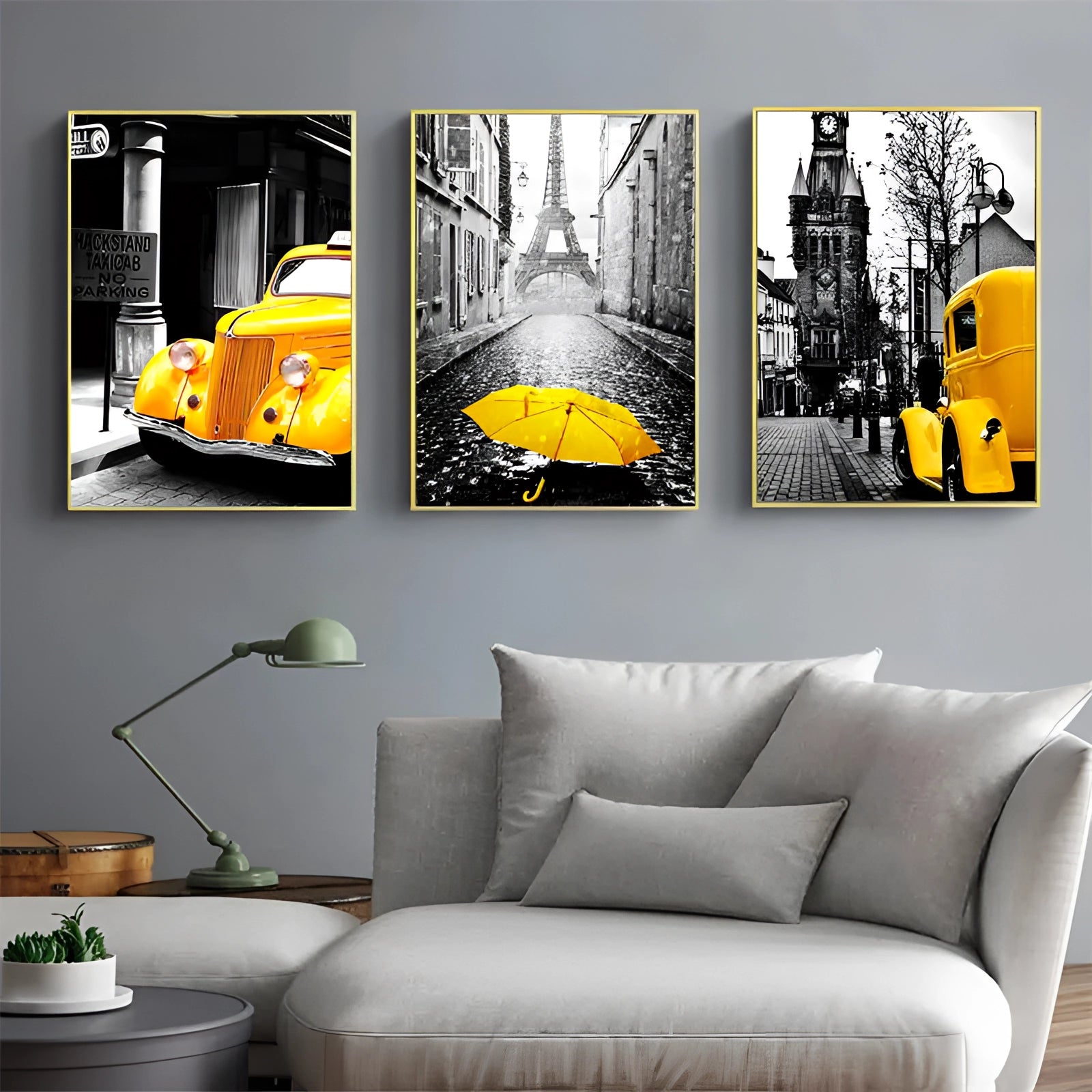 Vintage Paris Car Canvas featuring a yellow accent urban cityscape, framed and displayed in a modern interior setting with complementary black and orange hues.