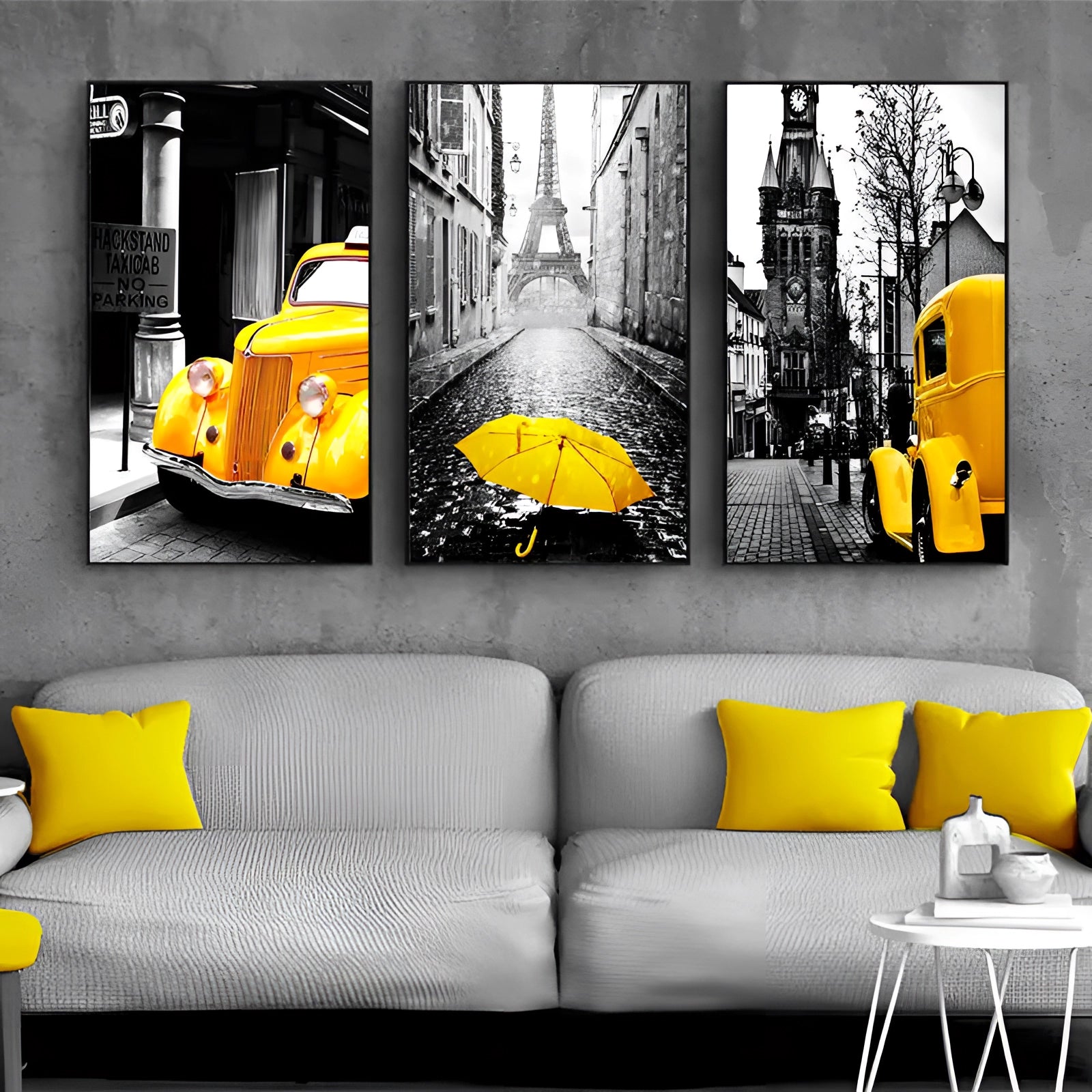 Vintage Paris car canvas art featuring a yellow accent in an urban cityscape, displayed in a living room setting with a white couch, black and white furniture elements, and bright lighting; the art consists of three pieces, each measuring 60x80cm (24x32 inches).
