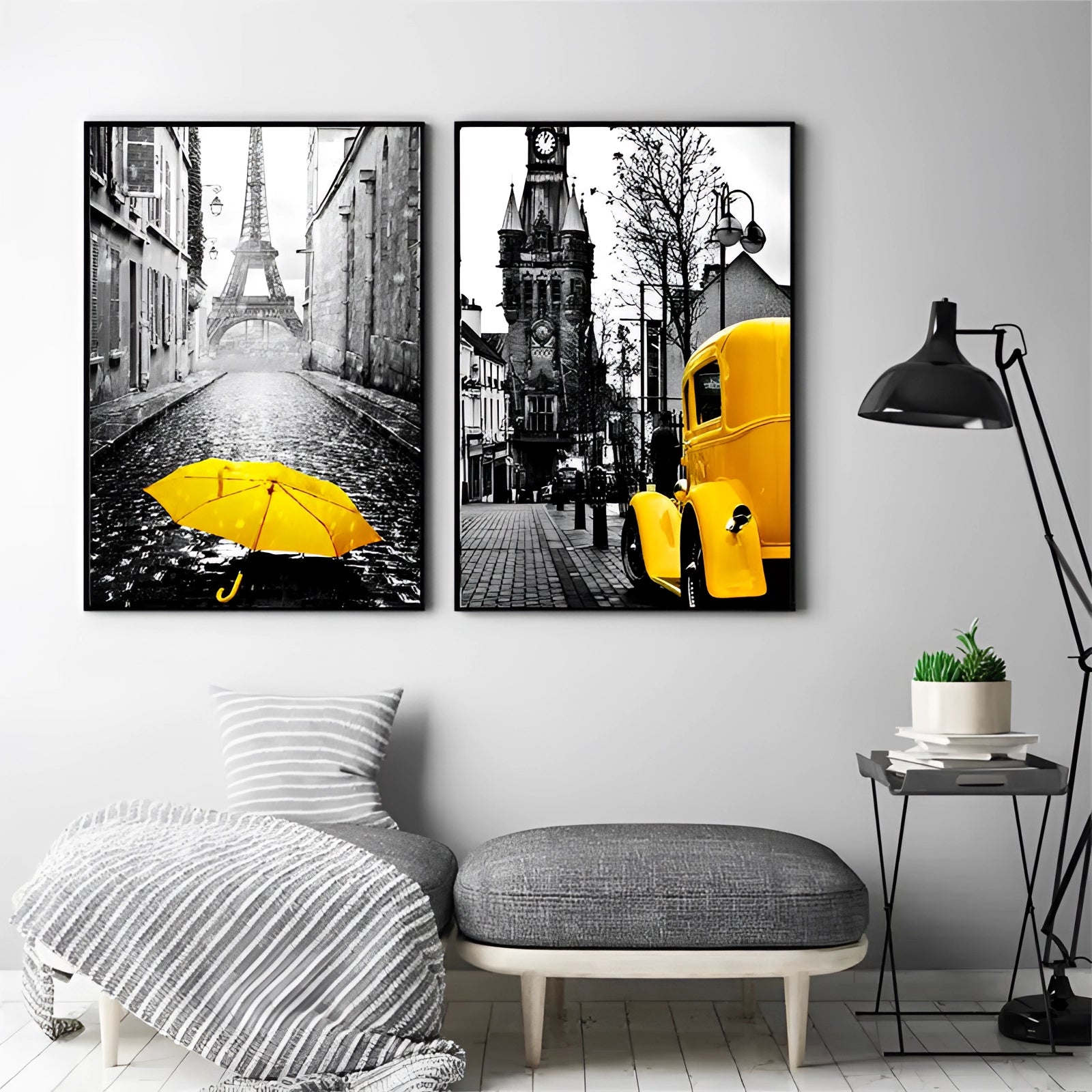 Vintage Paris Car Canvas with Yellow Accent depicting an urban cityscape art, displayed on a wall behind a couch in a well-lit interior space, accompanied by furniture elements like a table and picture frame.