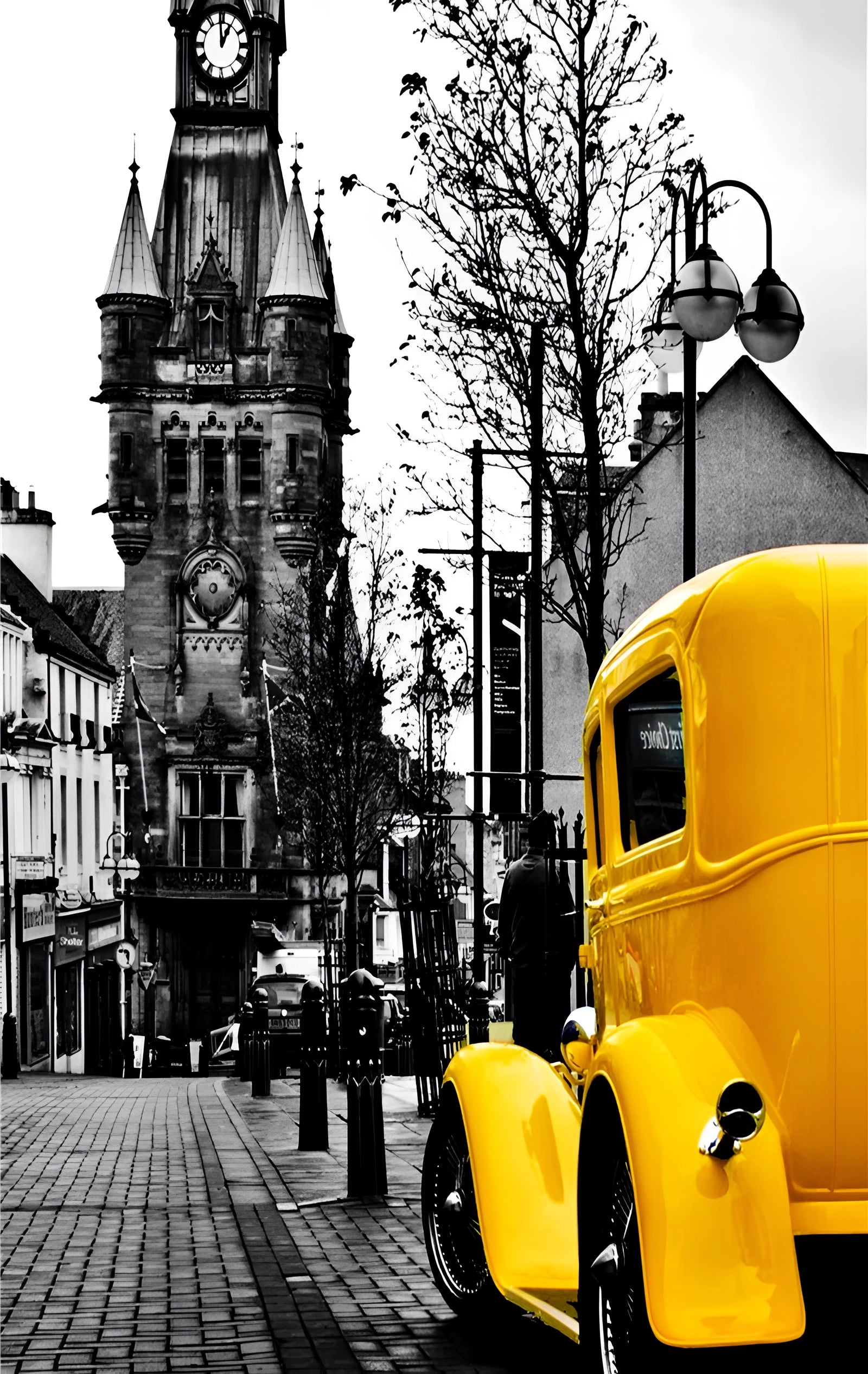 Vintage car parked on a Parisian street with a yellow accent, surrounded by urban cityscape featuring buildings and trees, under a clear sky.