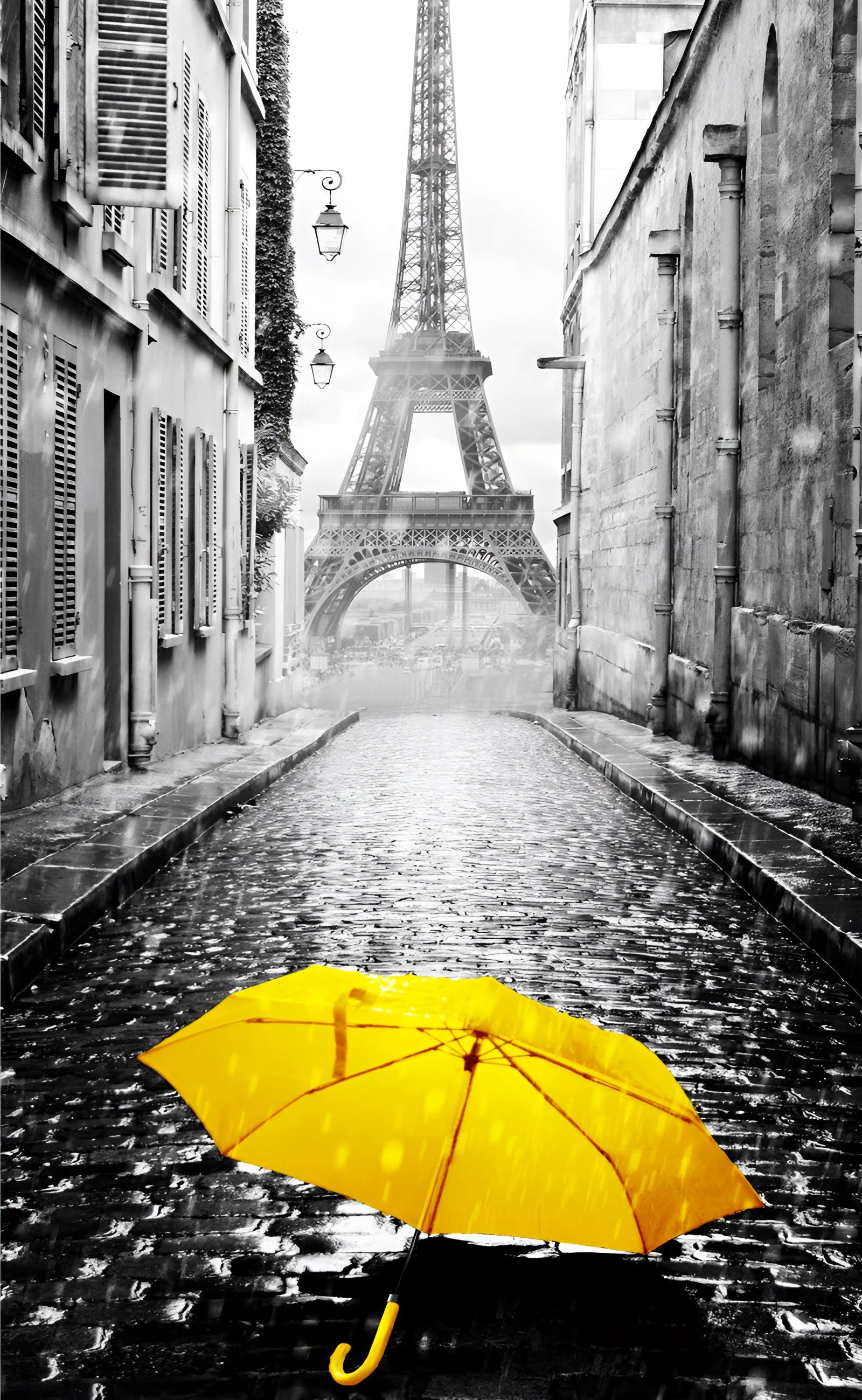 Vintage Paris Car Canvas artwork featuring a black-and-white urban cityscape with a yellow accent, depicting a road surface and buildings under daylight. The image includes elements such as water and an umbrella, contributing to the vintage Parisian theme. The canvas size is 50x70cm (20x28 inches).